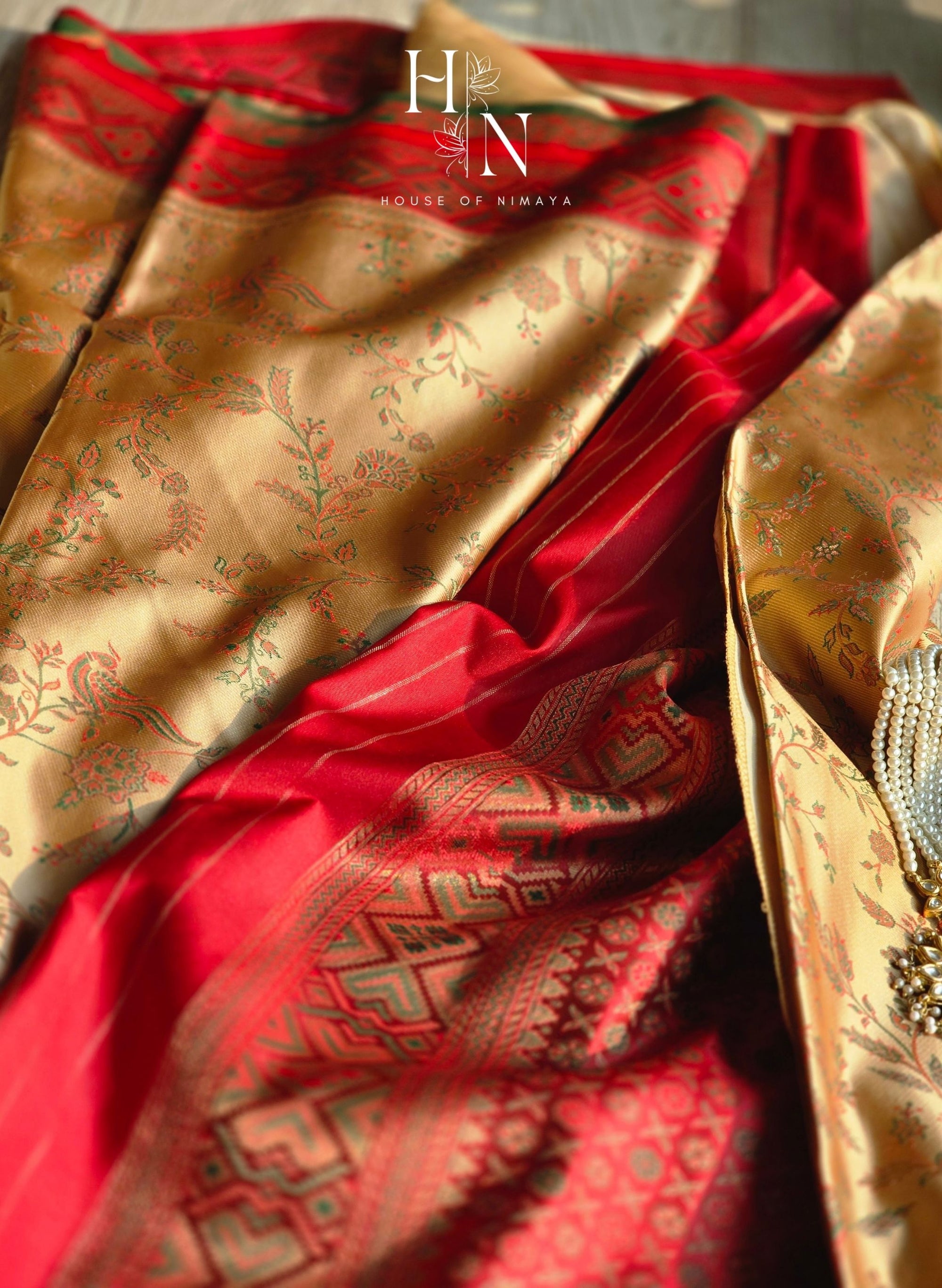 Golden Glow Beige and Red Tanchoi Semi Silk Saree