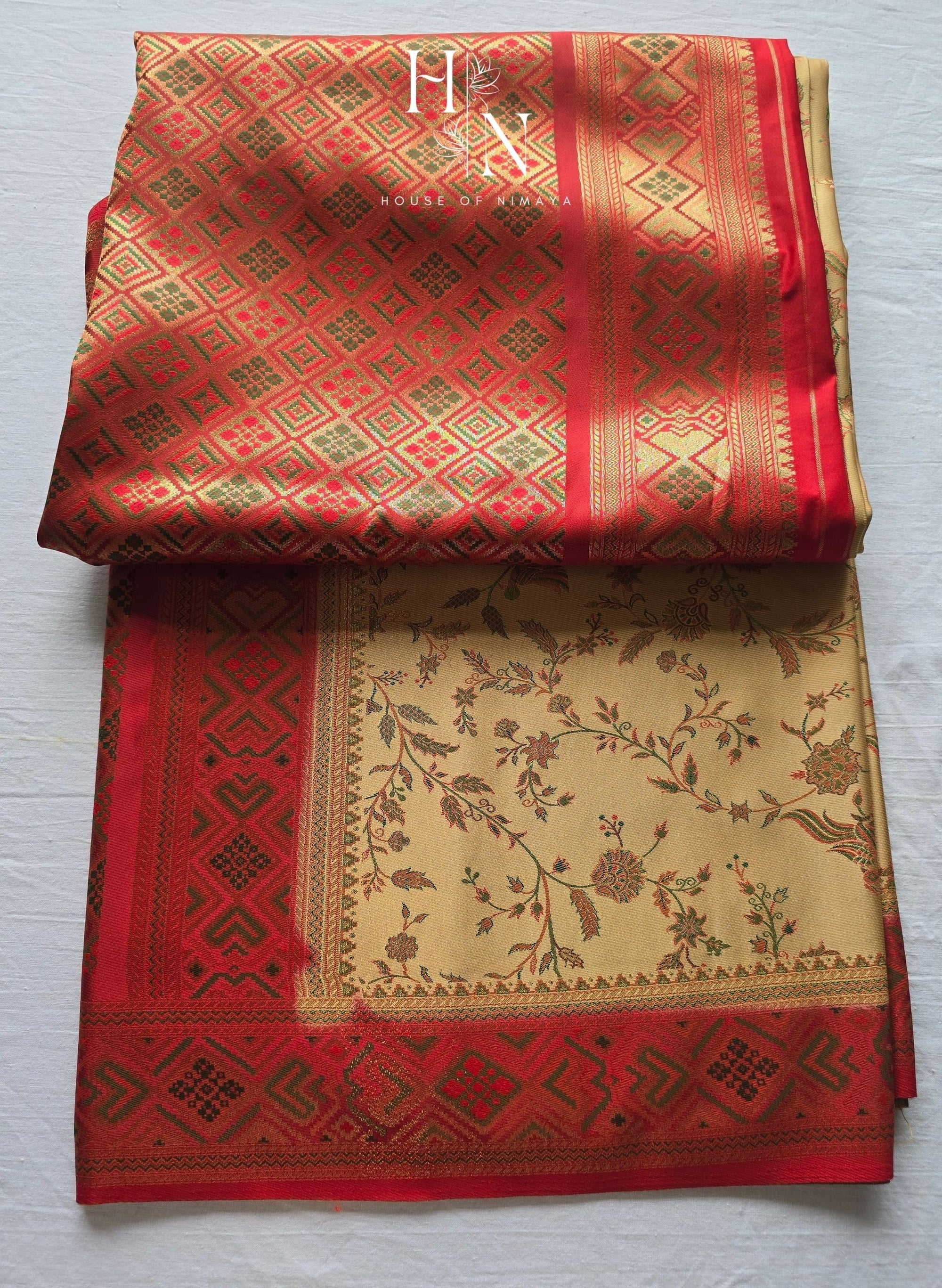 Golden Glow Beige and Red Tanchoi Semi Silk Saree