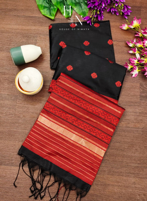 Black & Red Raw Silk Saree
