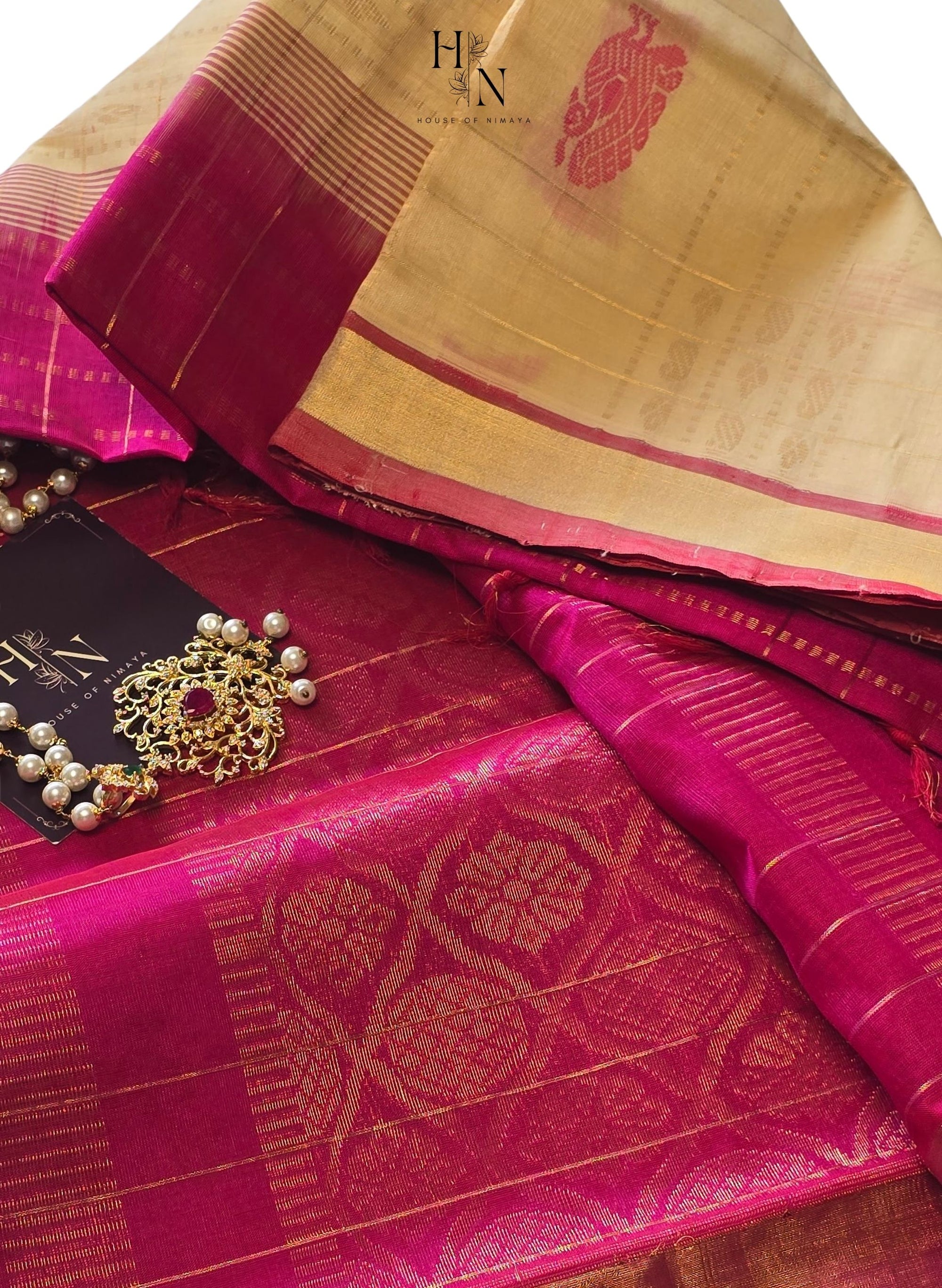 Cream & Pink South Silk Cotton Saree