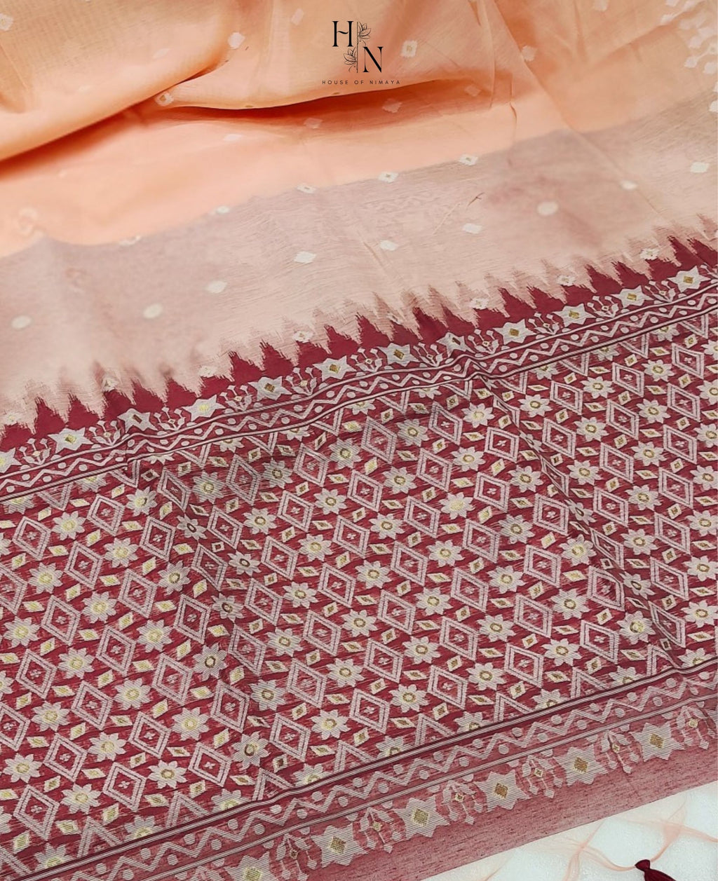 Premium Peach Muga Cotton Saree with Exquisite Jamdani Weaving