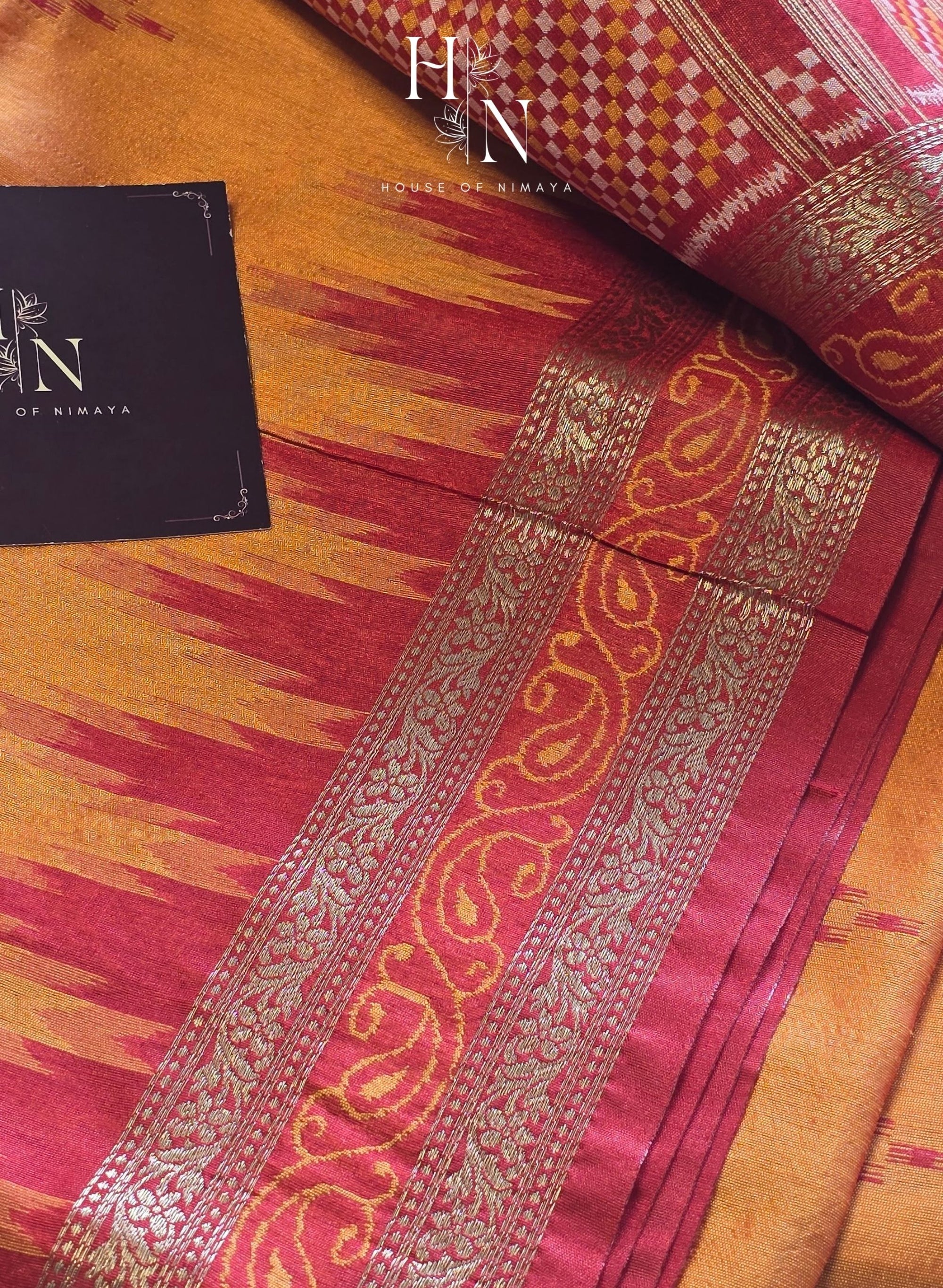 Orange & Red Tussar Silk Saree with Temple Border