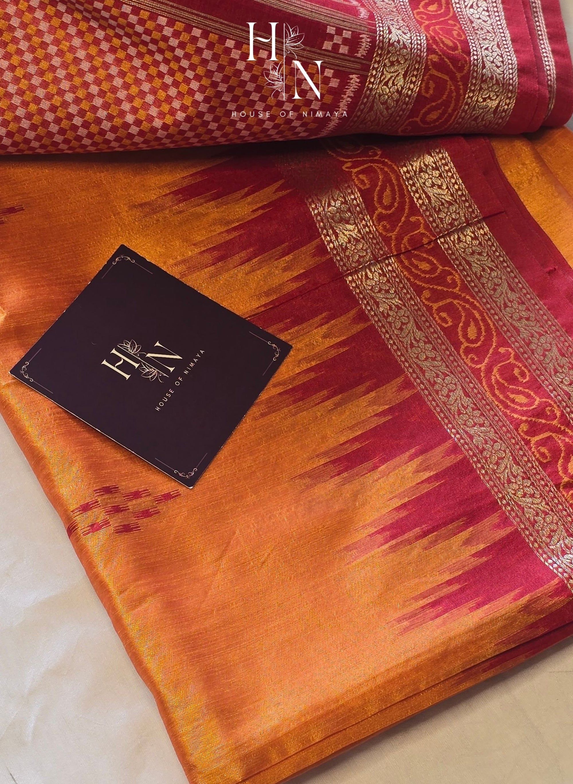 Orange & Red Tussar Silk Saree with Temple Border