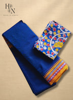 Blue Narayanpet saree with multicoloured Kalamkari blouse