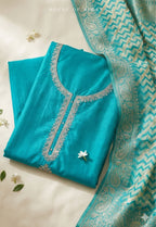 Blue Crepe Silk Unstitched Suit Set with Brocade Dupatta