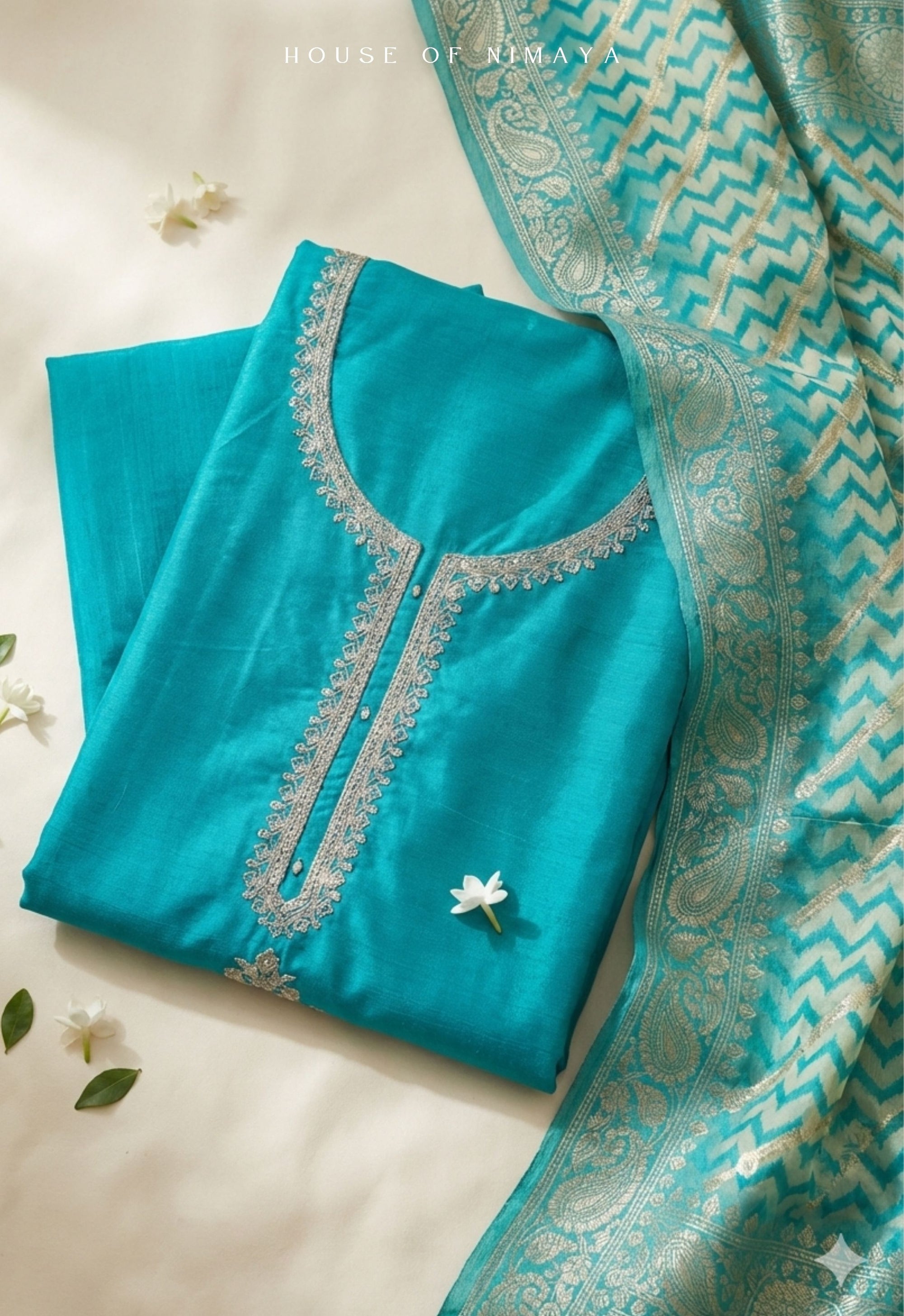 Blue Crepe Silk Unstitched Suit Set with Brocade Dupatta
