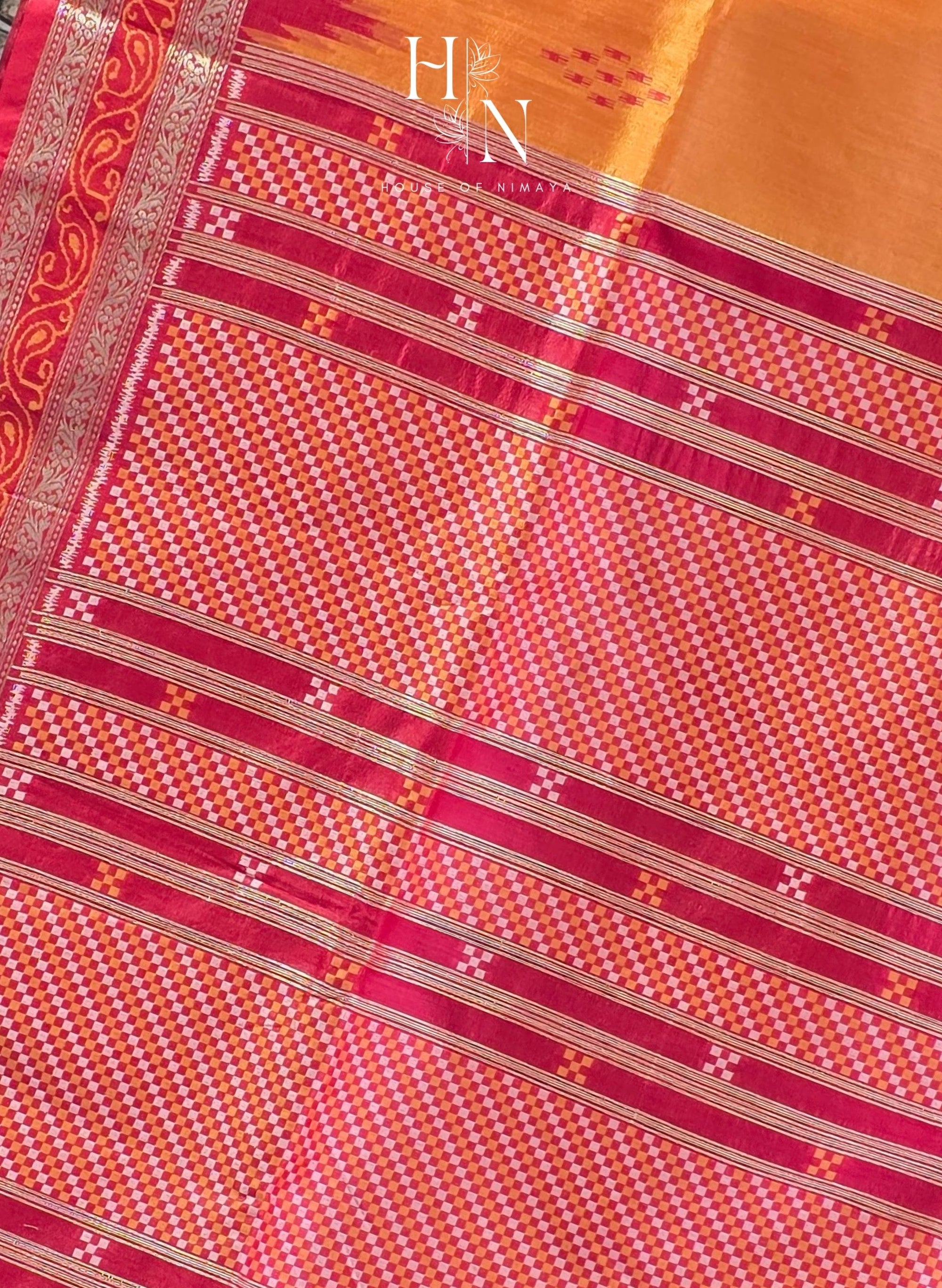 Orange & Red Tussar Silk Saree with Temple Border
