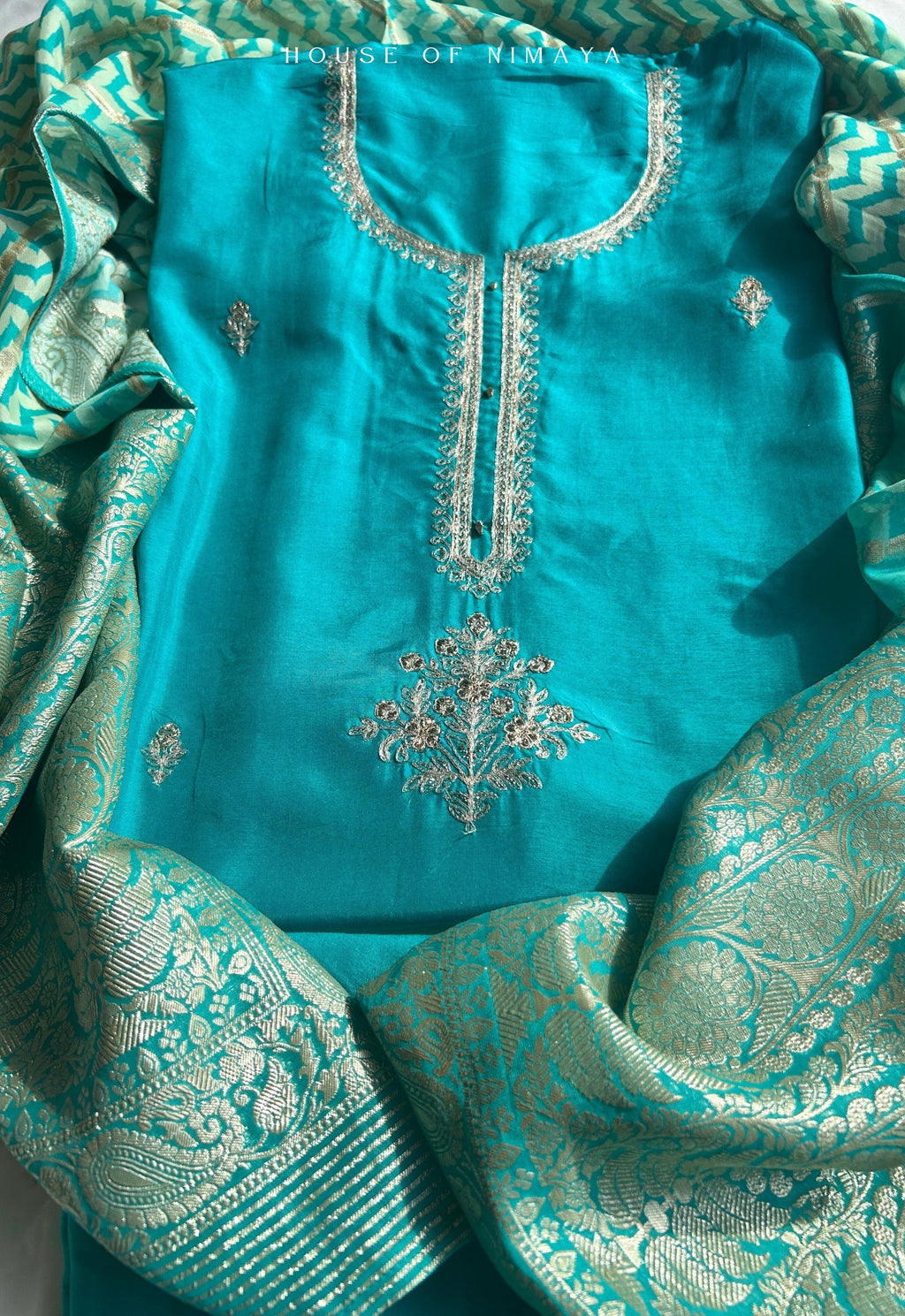 Blue Crepe Silk Unstitched Suit Set with Brocade Dupatta