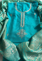 Blue Crepe Silk Unstitched Suit Set with Brocade Dupatta