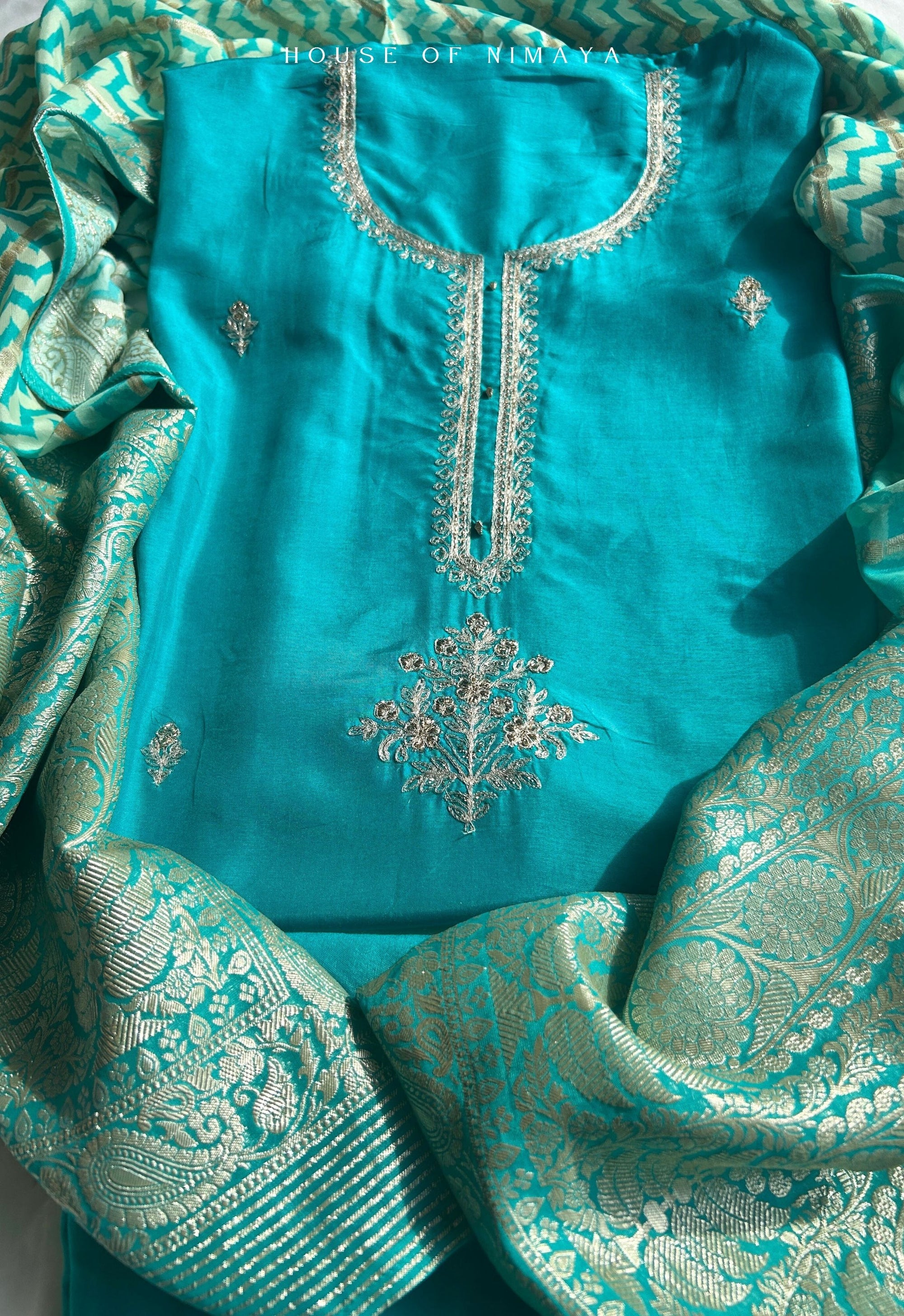 Blue Crepe Silk Unstitched Suit Set with Brocade Dupatta