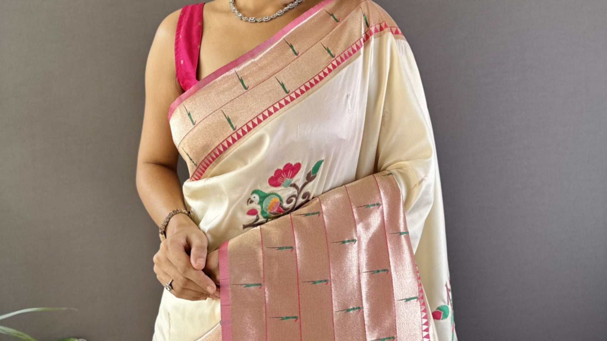 Cream and Pink Royal Paithani Saree