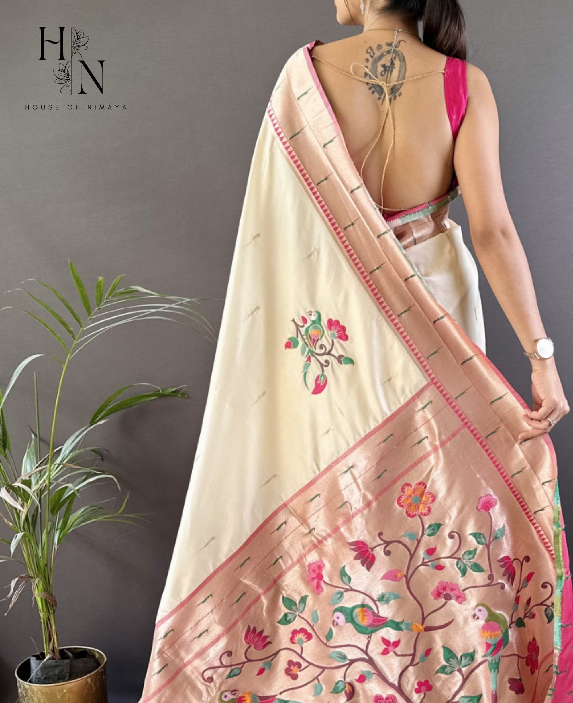 Cream and Pink Royal Paithani Saree
