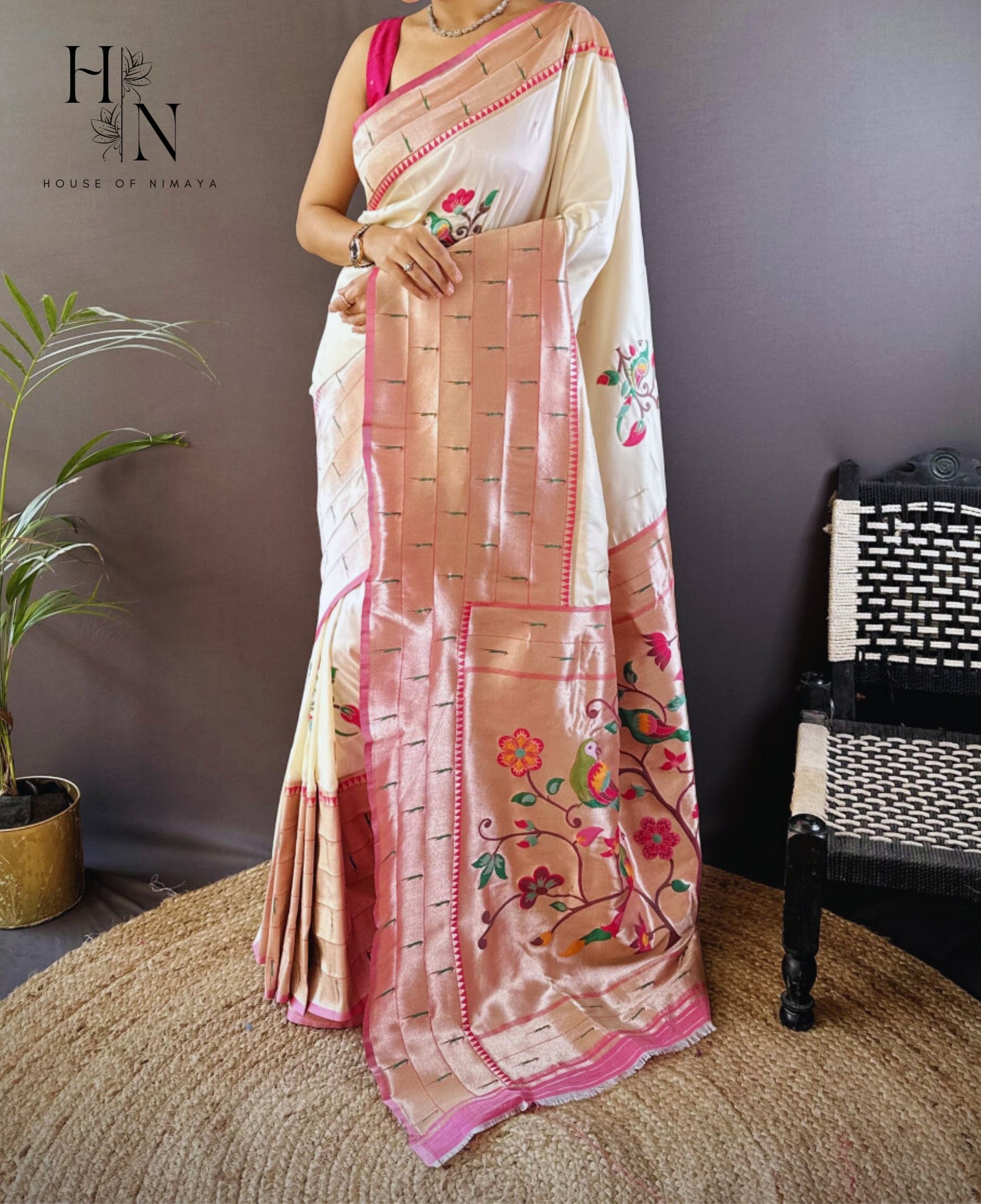 Cream and Pink Royal Paithani Saree