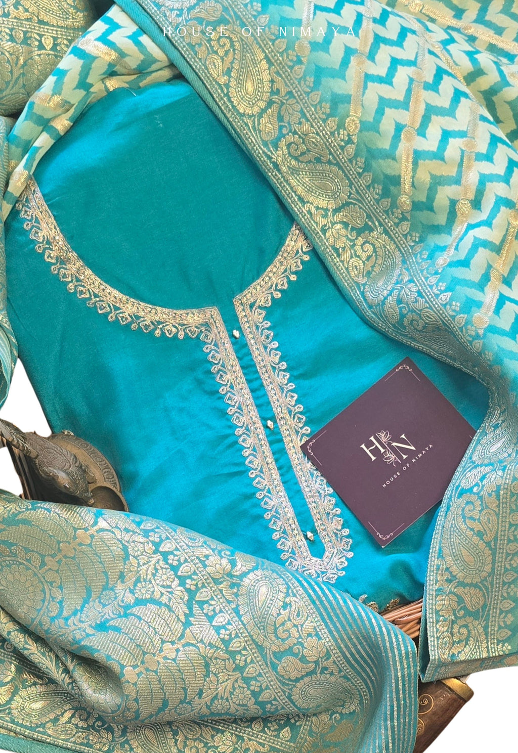 Blue Crepe Silk Unstitched Suit Set with Brocade Dupatta