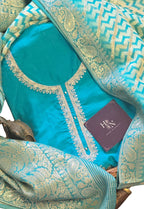 Blue Crepe Silk Unstitched Suit Set with Brocade Dupatta
