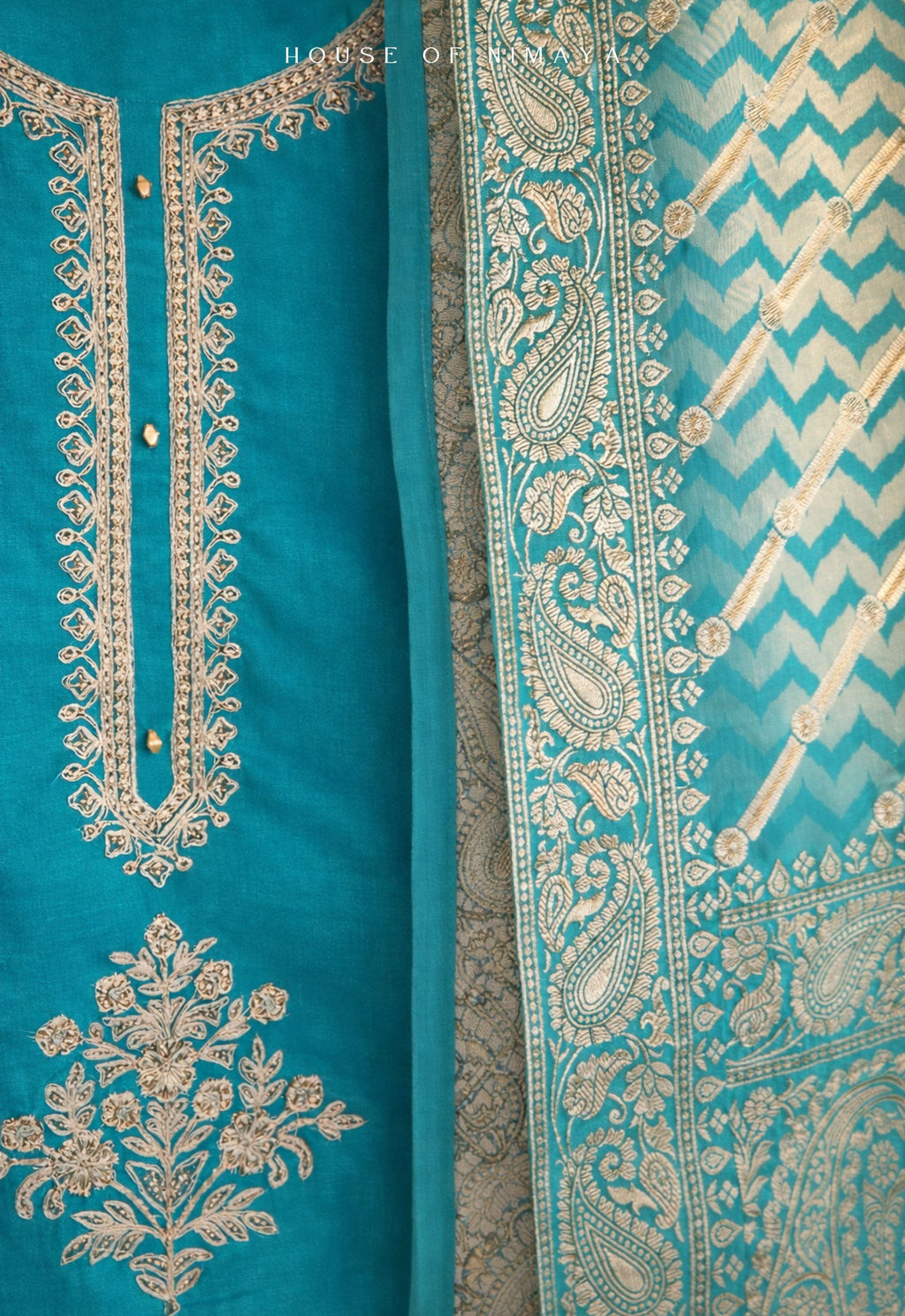 Blue Crepe Silk Unstitched Suit Set with Brocade Dupatta