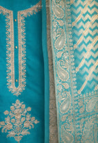 Blue Crepe Silk Unstitched Suit Set with Brocade Dupatta