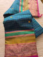 Blue Checked Chettinad Cotton Saree with Multicoloured Border