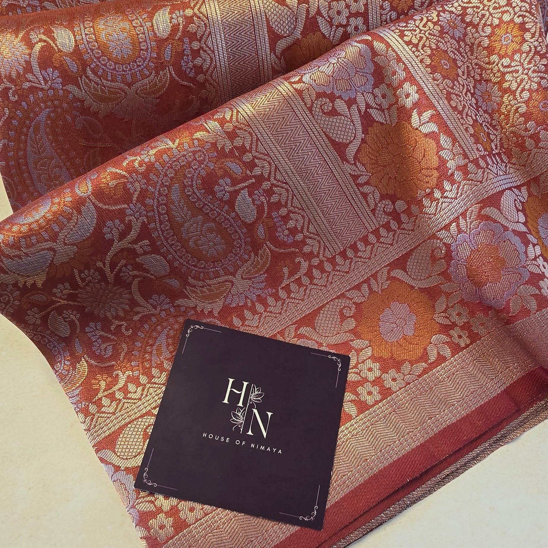 Peach Rust Semi Katan Silk Saree with Jacquard Border