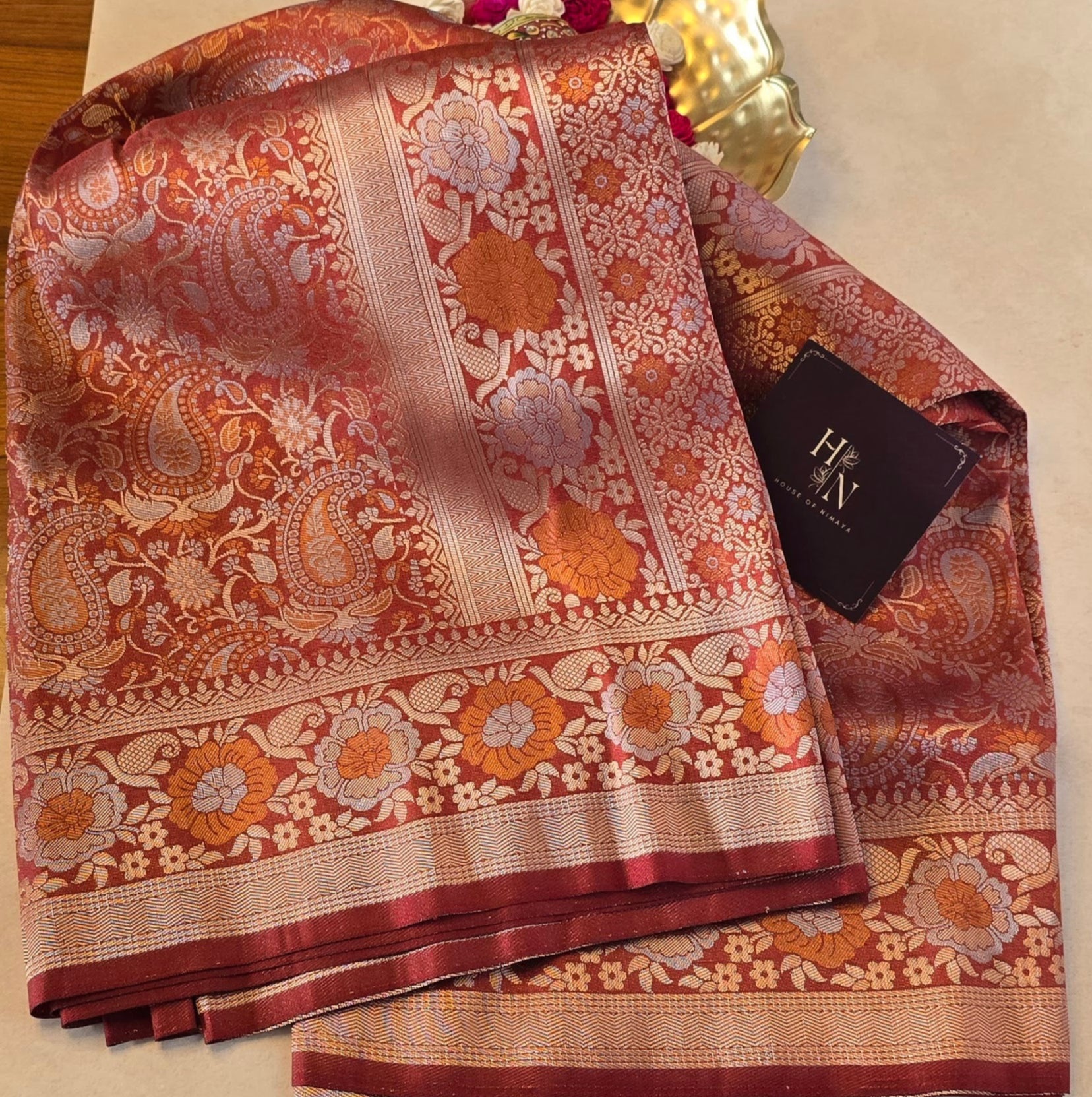Peach Rust Semi Katan Silk Saree with Jacquard Border