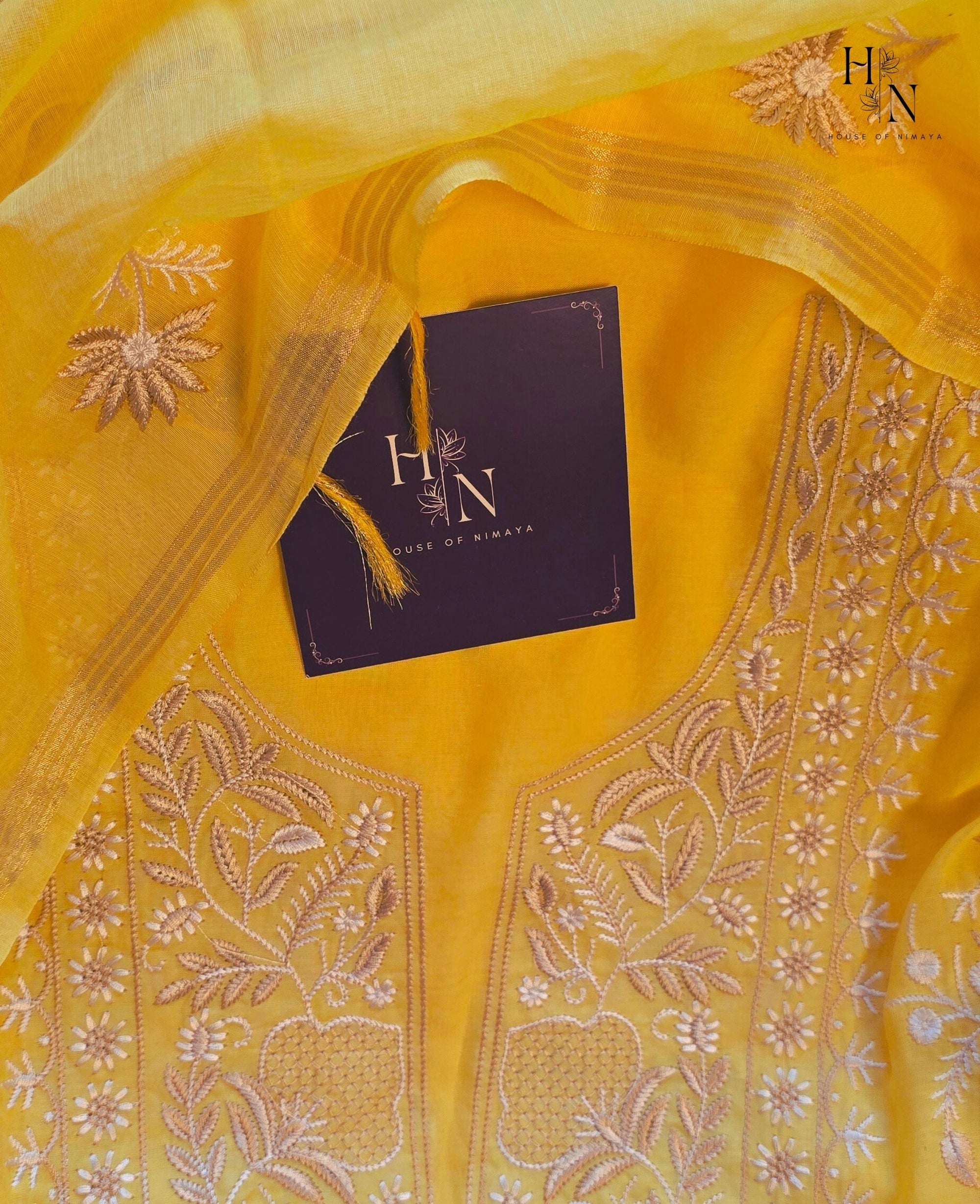 Yellow Mul Chanderi Chikankari Unstitched Suit Set