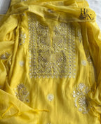 Yellow Mul Chanderi Chikankari Unstitched Suit Set