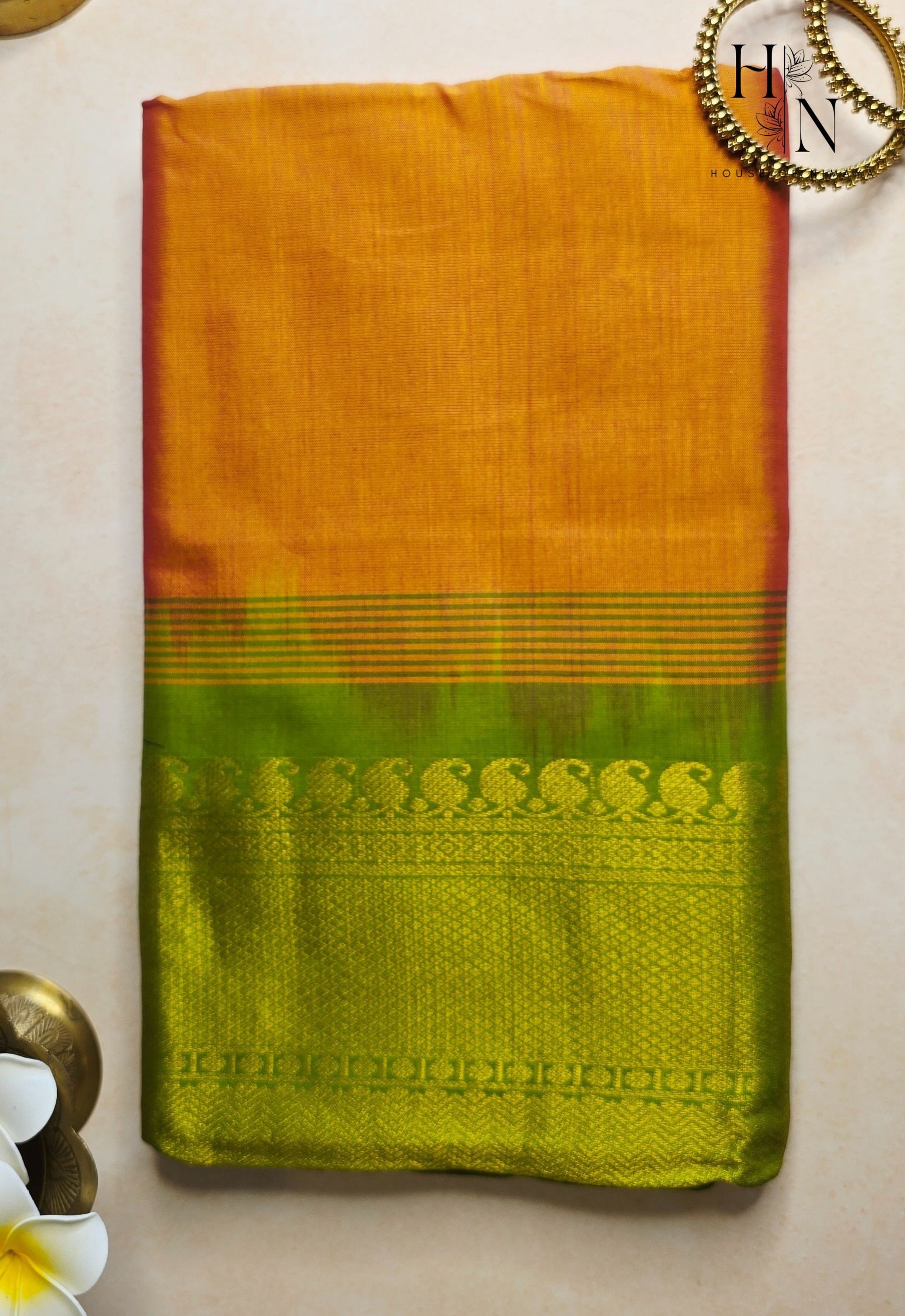 Orange and Parrot Green South Silk Cotton Saree