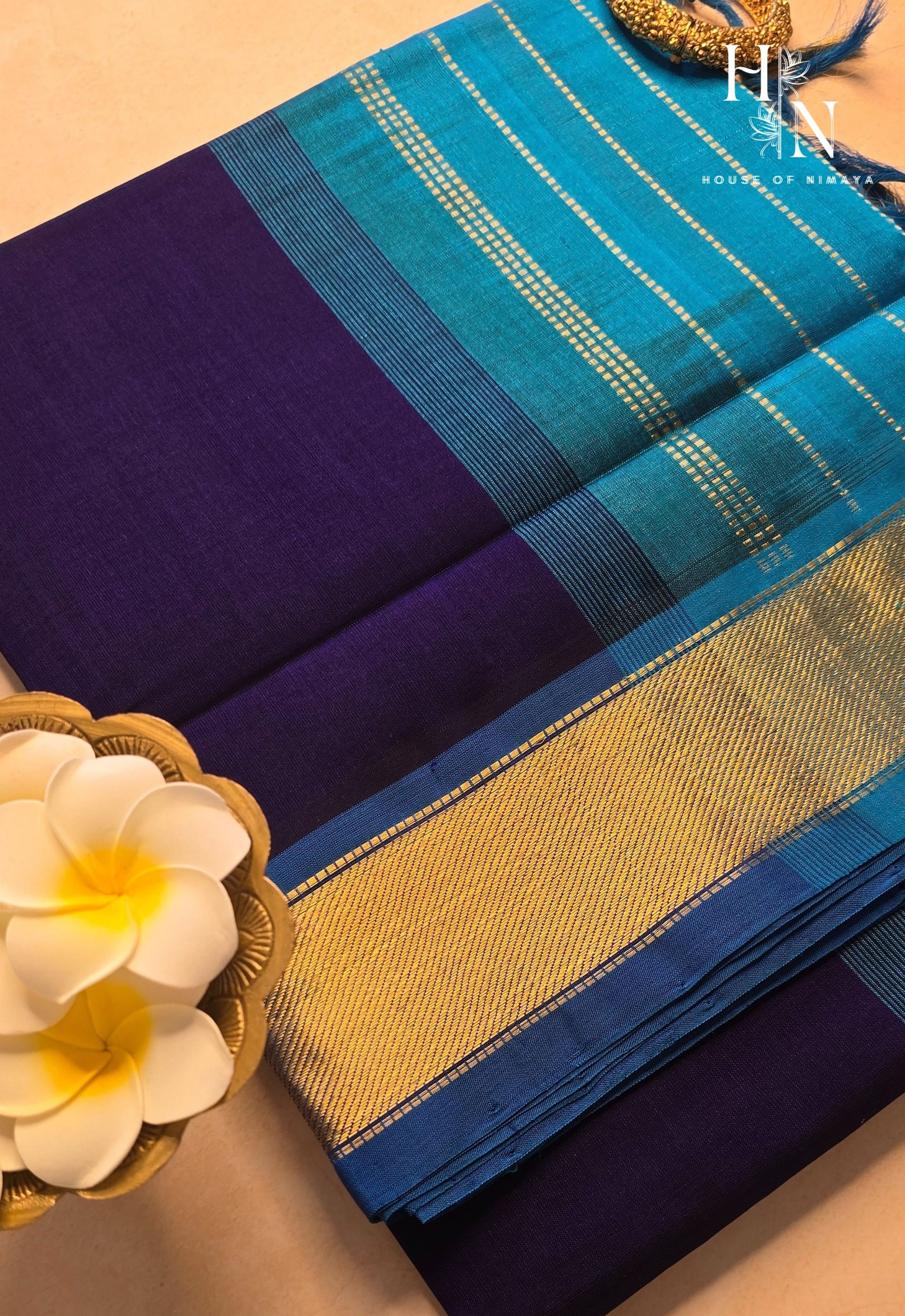 Dark Purple & Blue Pure South Silk Cotton Saree