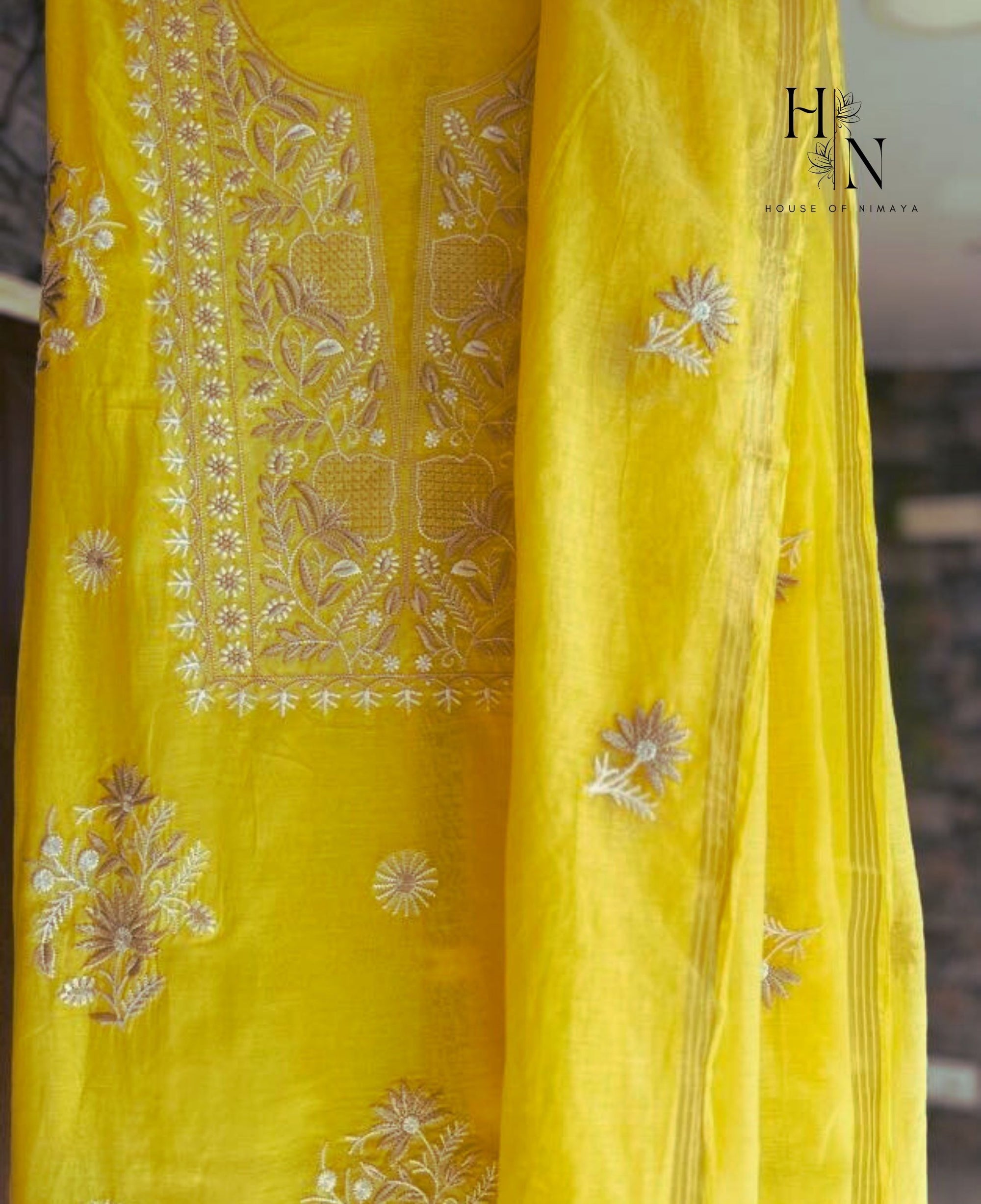 Yellow Mul Chanderi Chikankari Unstitched Suit Set