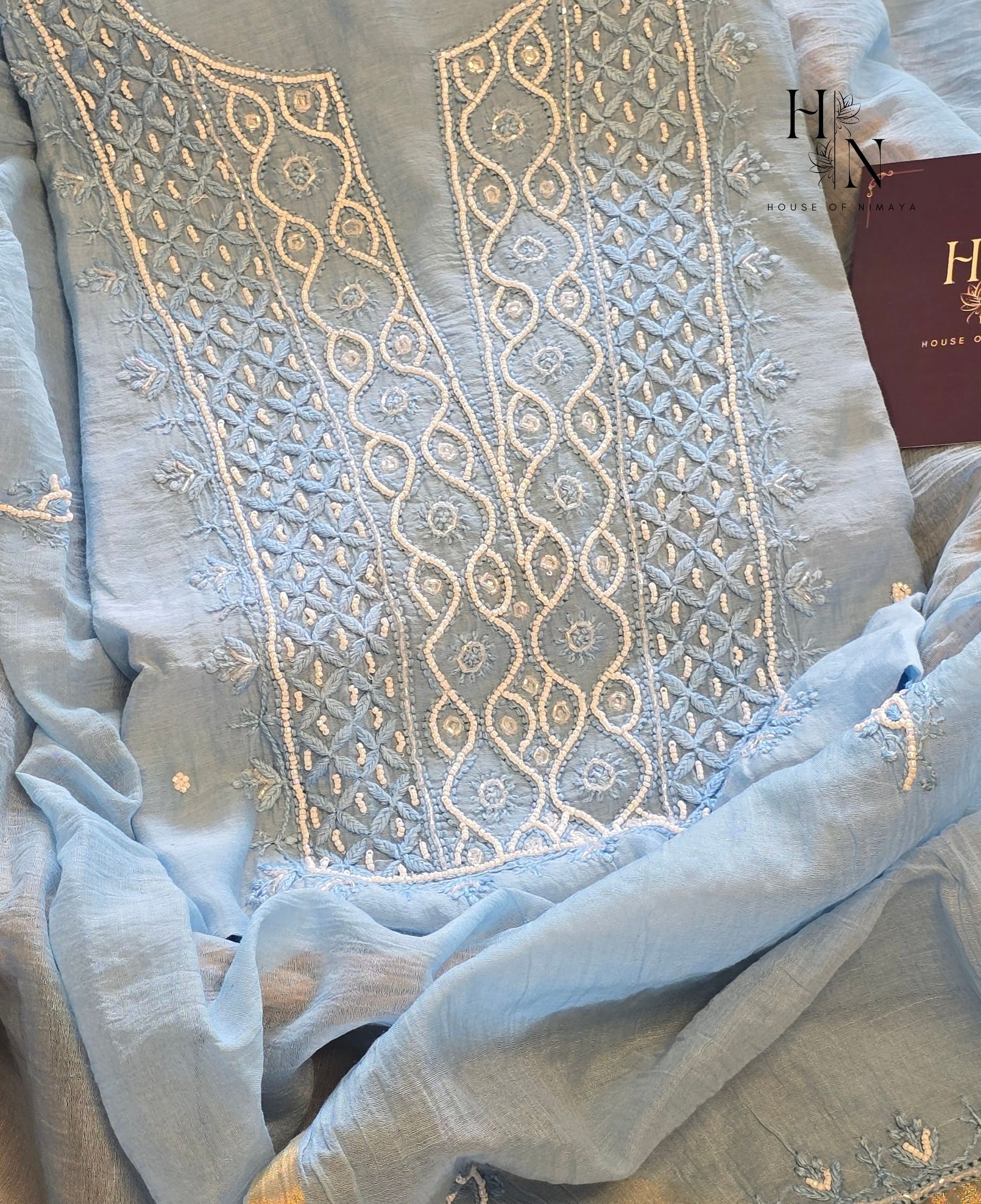 Women's Lakhnavi Handcrafted Mul Chanderi Chikankari Full Suit Material