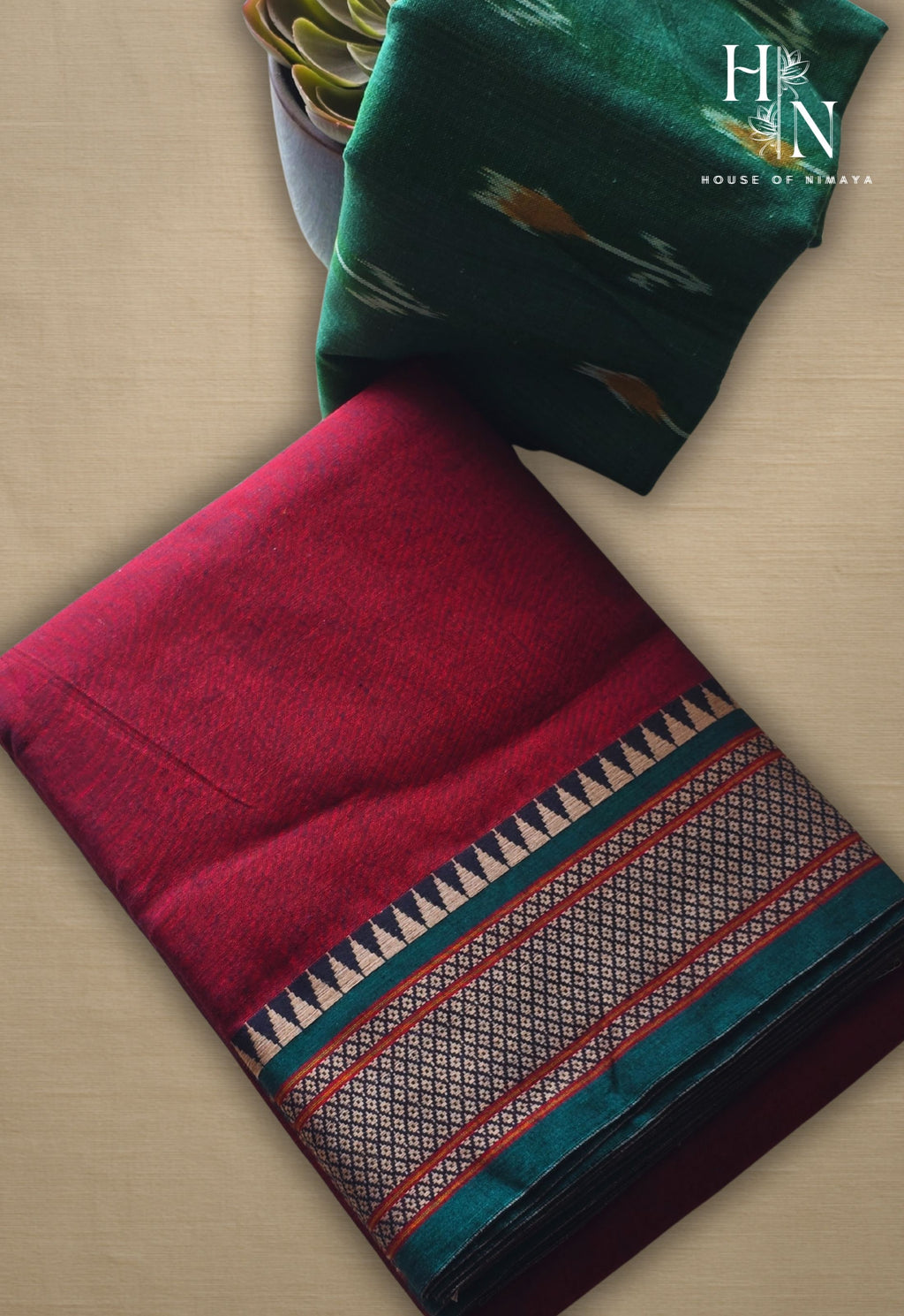 Maroon and Green Chettinad Cotton Saree