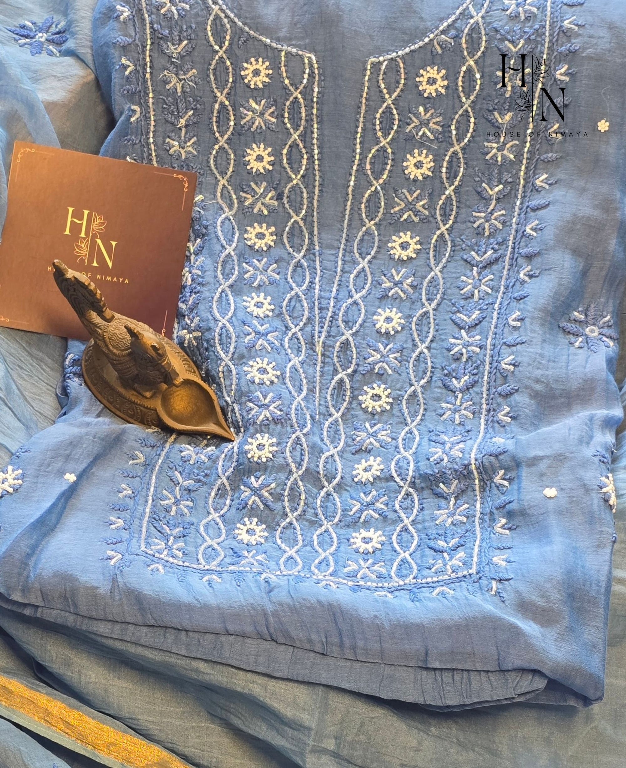 Women's Lakhnavi Handcrafted Mul Chanderi Chikankari Full Suit Material