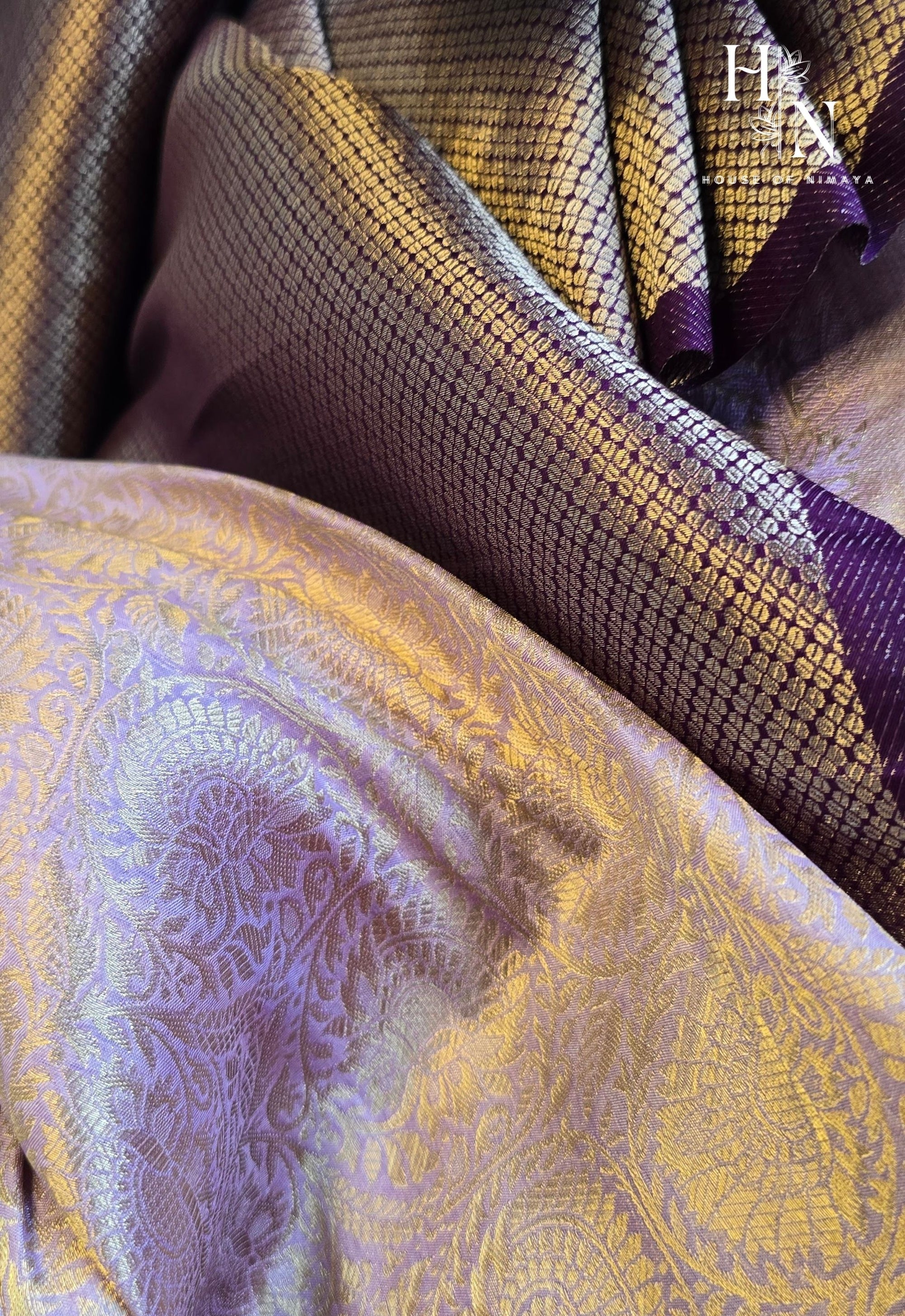 Lavender and Dark Purple Banarasi Katan Silk Brocade