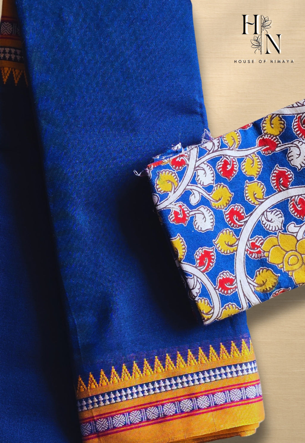 Blue Narayanpet saree with multicoloured Kalamkari blouse