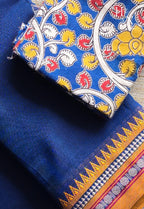 Blue Narayanpet saree with multicoloured Kalamkari blouse