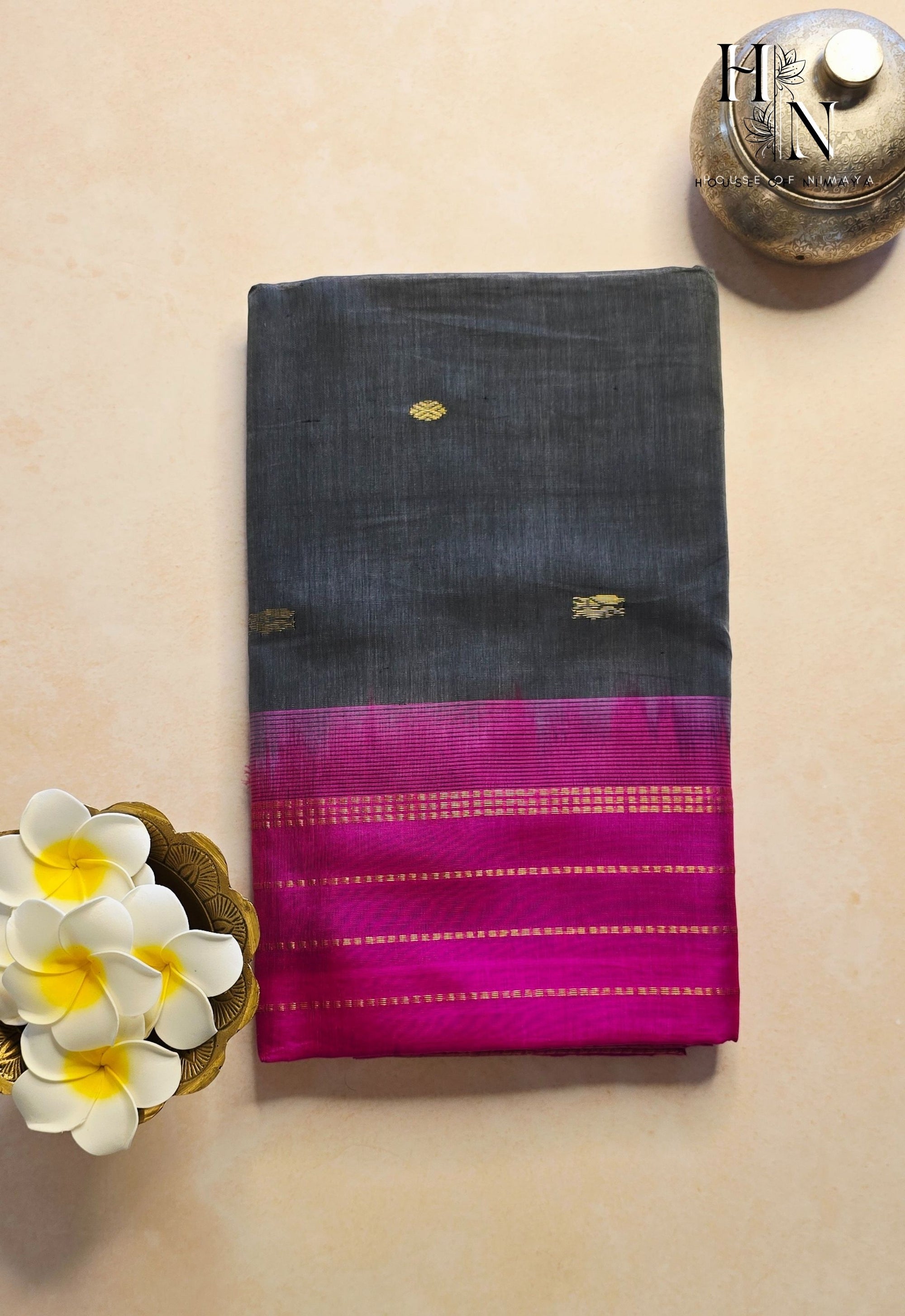 Dark Grey South Cotton Silk Saree with Pink Pallu