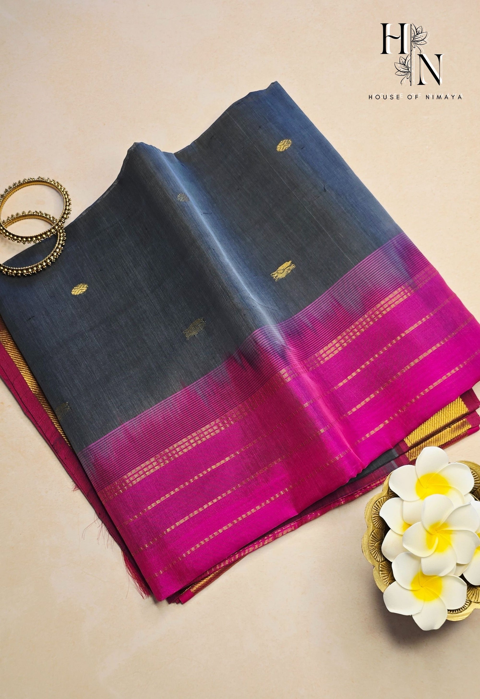 Dark Grey South Cotton Silk Saree with Pink Pallu