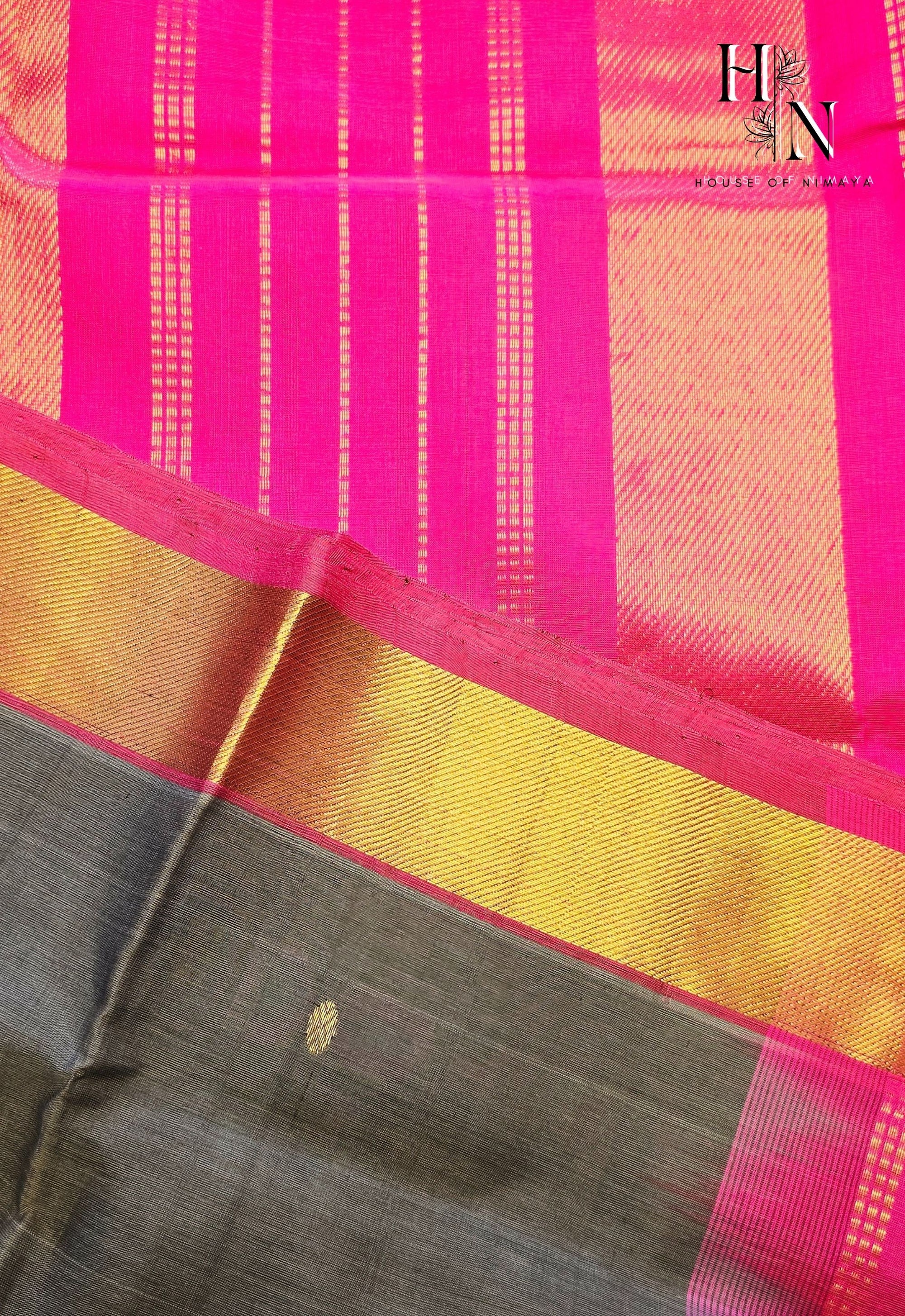 Dark Grey South Cotton Silk Saree with Pink Pallu