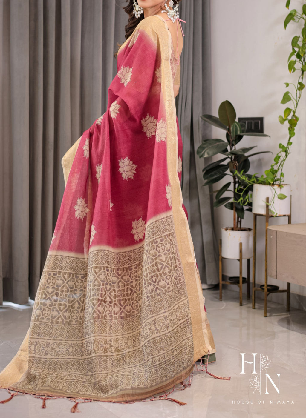 Maroon Kalamkari Linen Cotton Saree