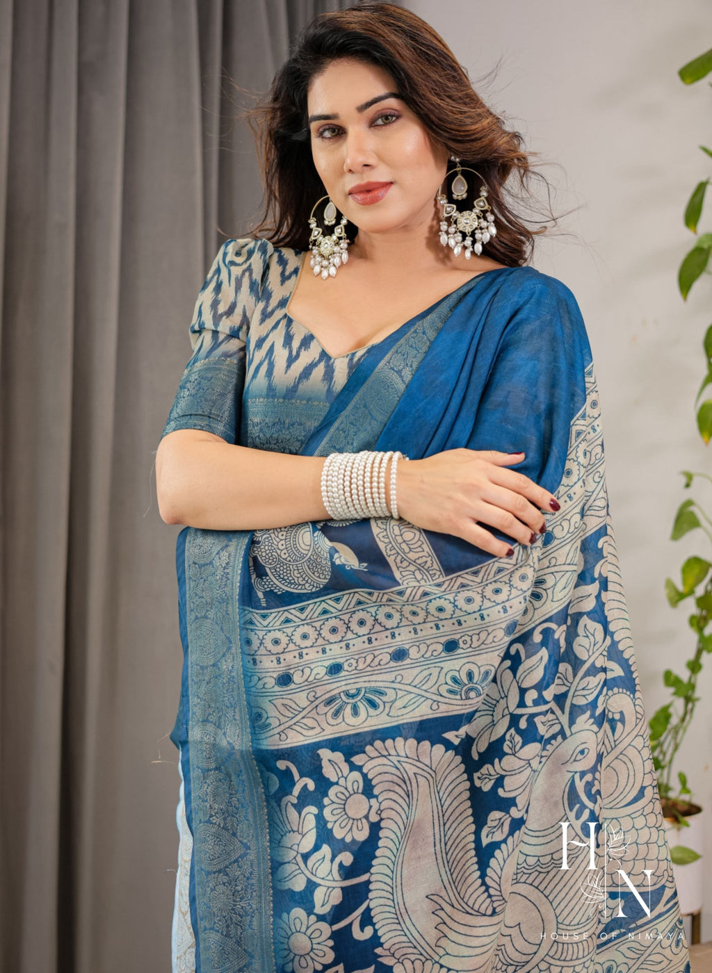Blue Kalamkari Linen Cotton Saree