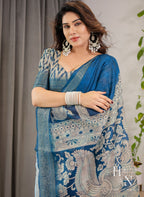 Blue Kalamkari Linen Cotton Saree