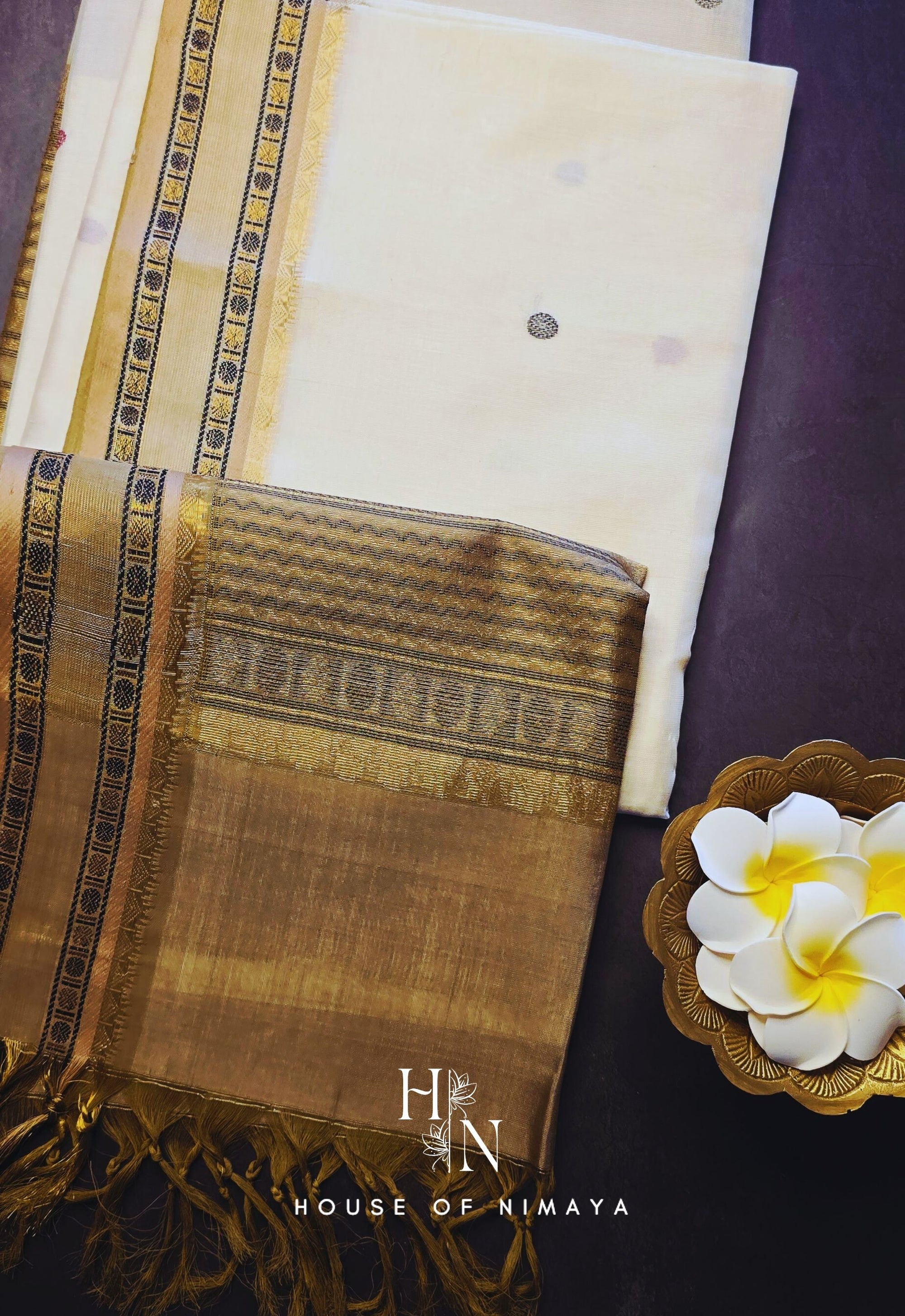 White and Gold Pure Handloom South Silk Cotton Saree
