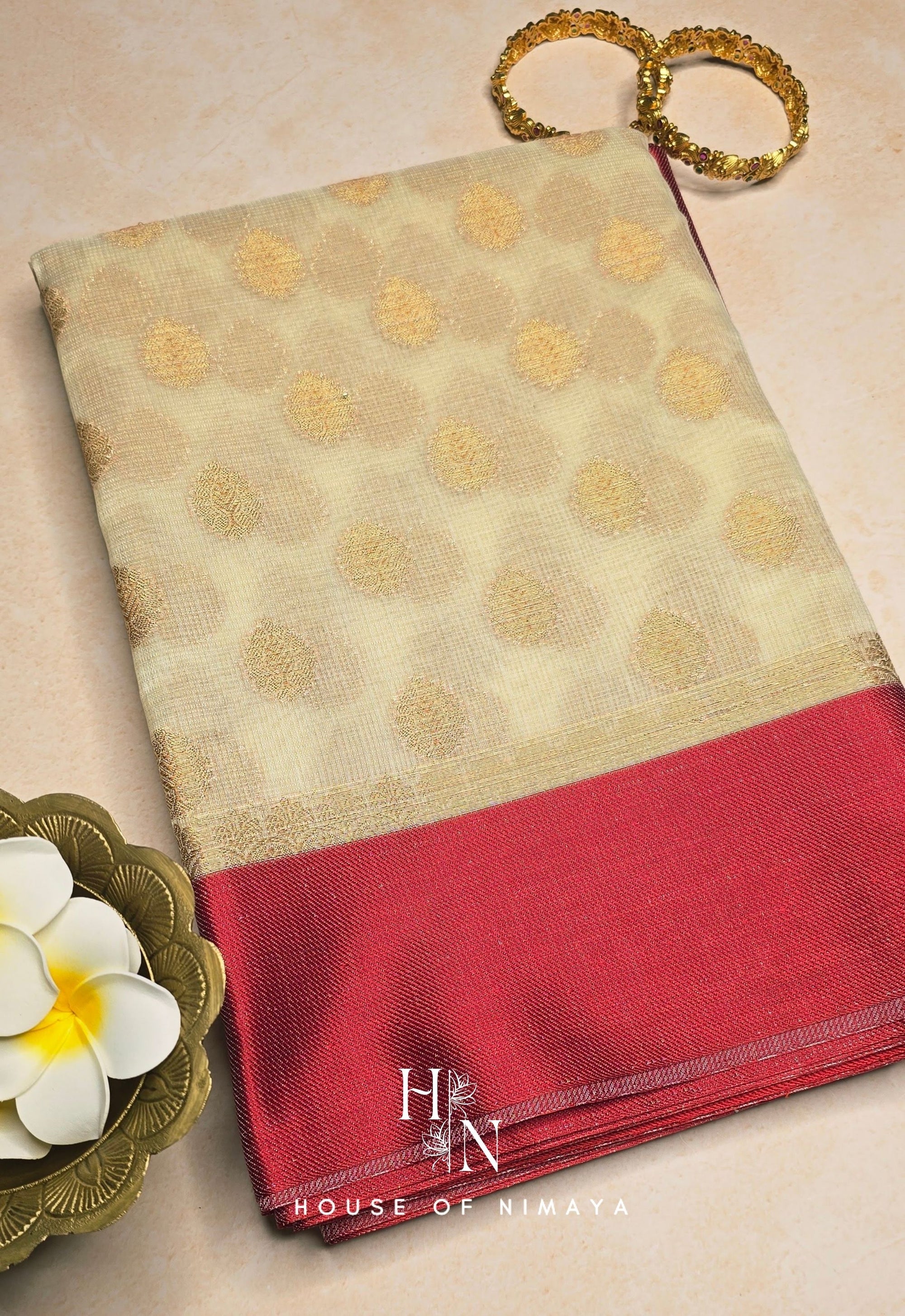 White and Red Kota Banarasi Saree