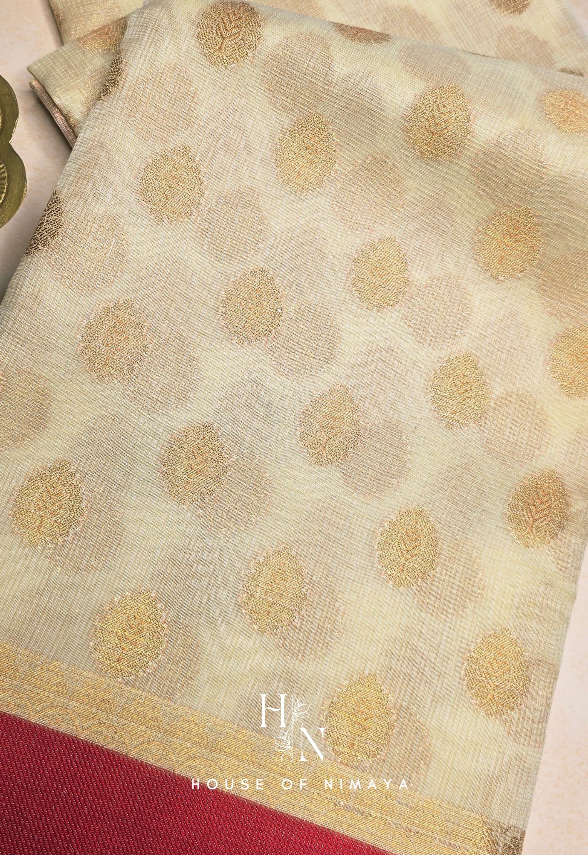 White and Red Kota Banarasi Saree