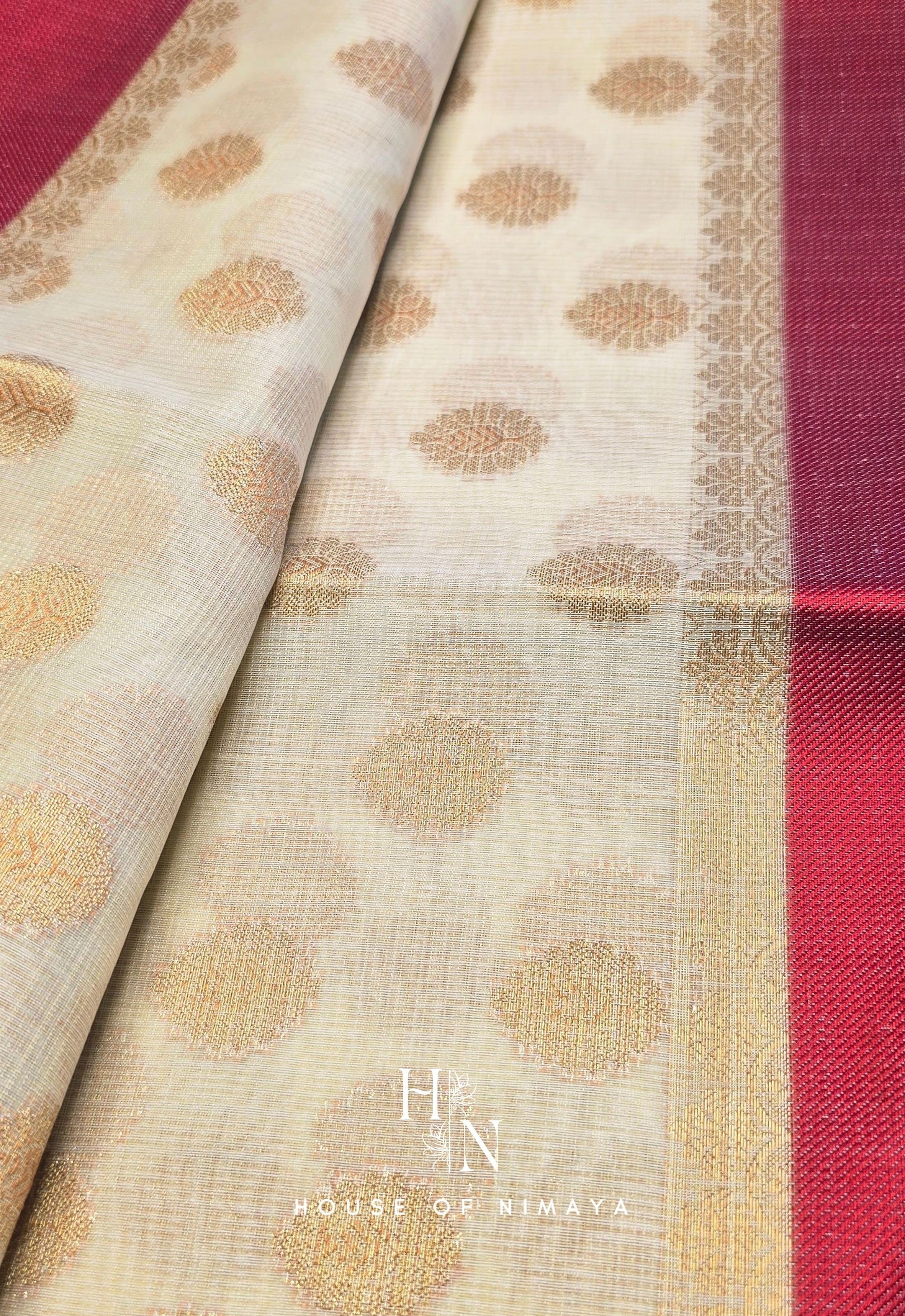 White and Red Kota Banarasi Saree