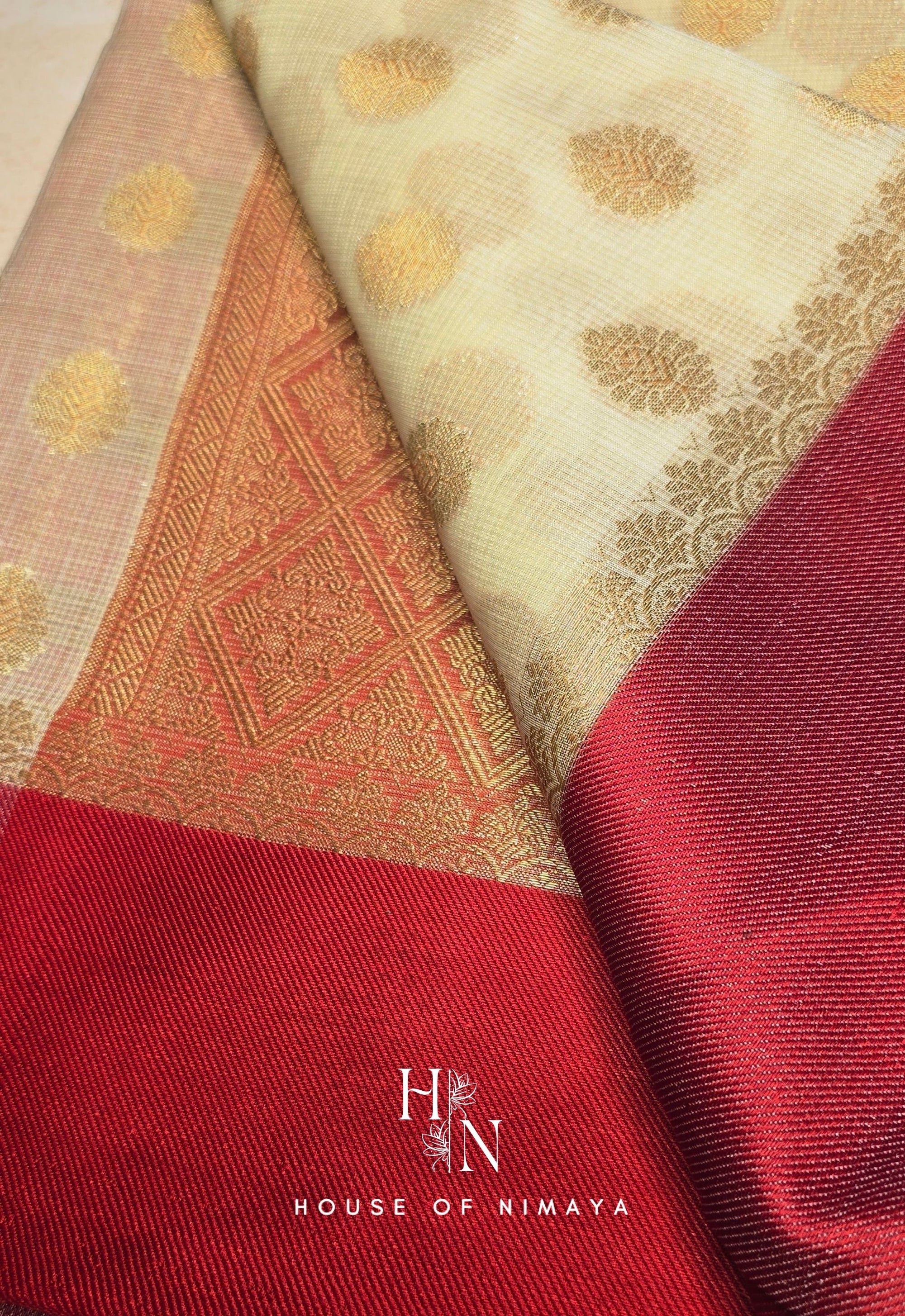 White and Red Kota Banarasi Saree