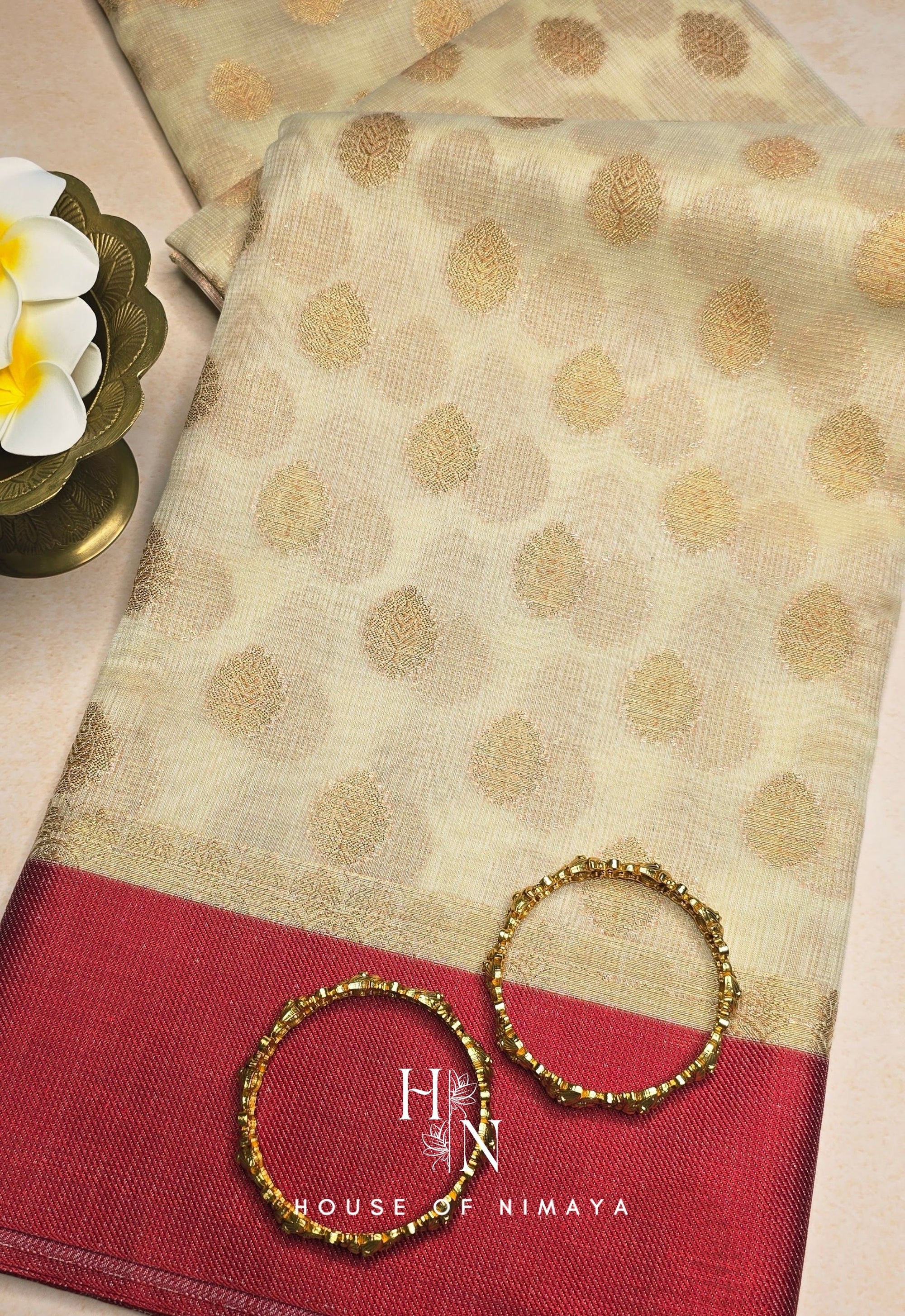 White and Red Kota Banarasi Saree