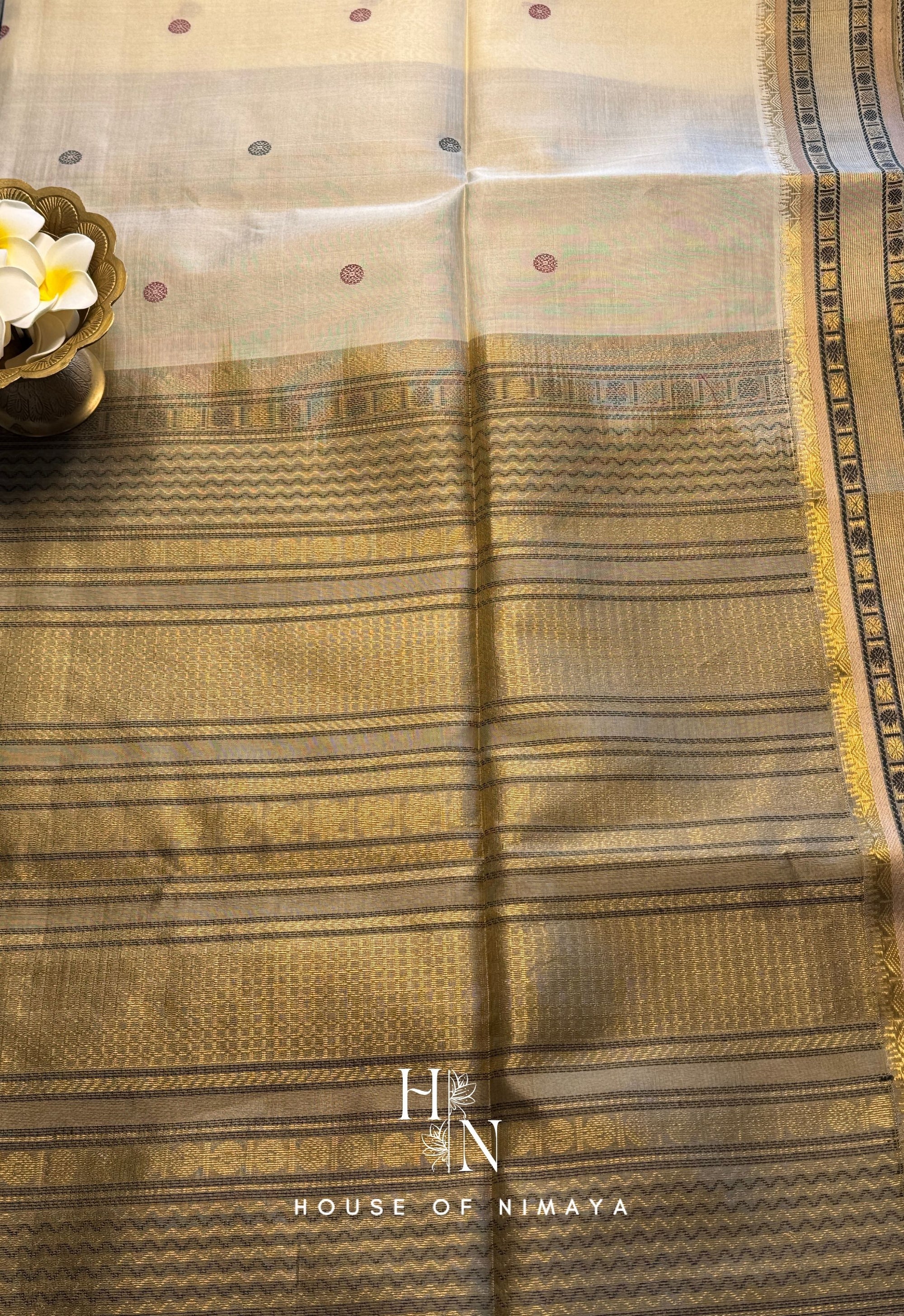 White and Gold Pure Handloom South Silk Cotton Saree
