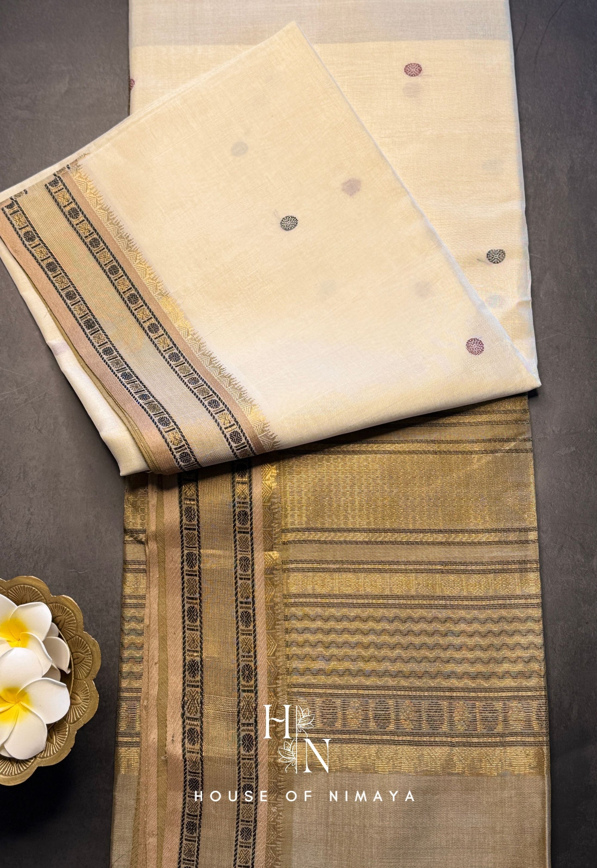 White and Gold Pure Handloom South Silk Cotton Saree