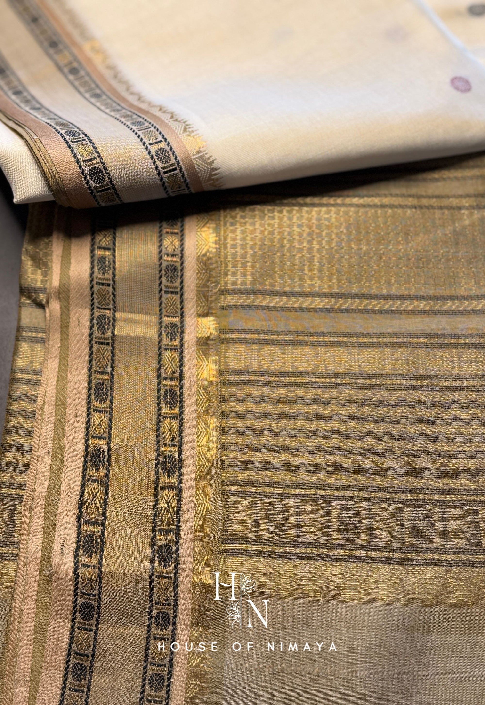 White and Gold Pure Handloom South Silk Cotton Saree